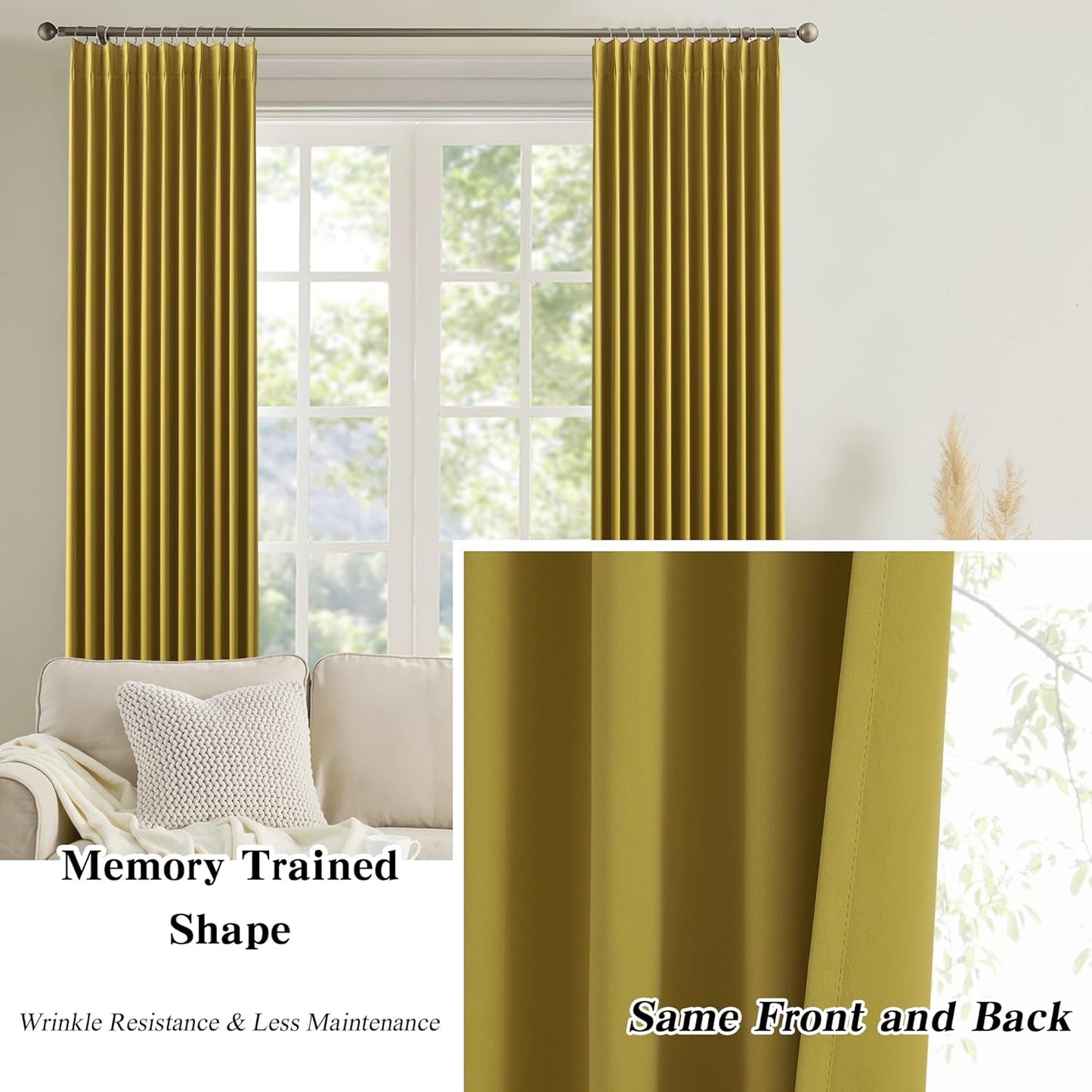 KEQIAOSUOCAI Yellow Pinch Pleated Curtains 120 Inch Length 2 Panels Set Noise Cancelling Window Drapes for Nursery Bedroom Living Room 40x120