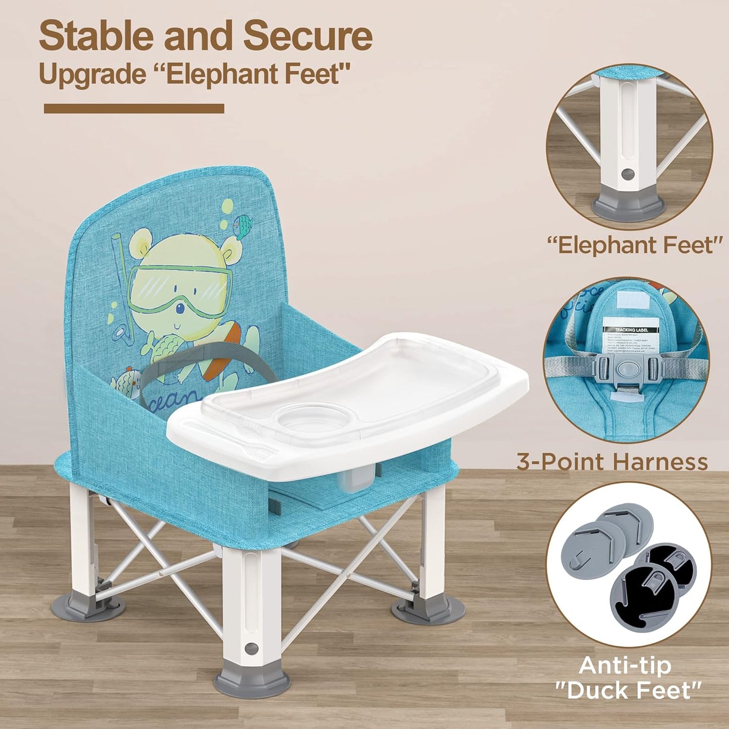 Baby Travel Booster Seat with Double Tray, BabyBond Upgraded Toddler Portable Baby Chair, Booster Seat for Dining Table, Stable and Foldable Booster Baby Chair for Indoor/Outdoor (Blue Sea World)