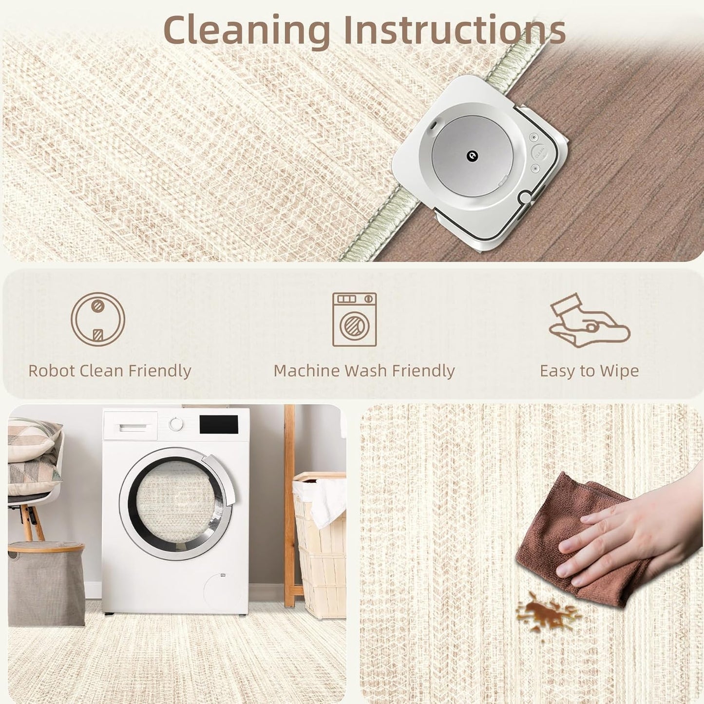 Large Living Room Area Rug 8x10, Machine Washable Vintage Boho Moroccan Rugs Geometric Neutral Rug Non-Shedding Low Pile Distressed Farmhouse Carpet for Bedroom Dining Table Office(8'x10',Ivory Beige)