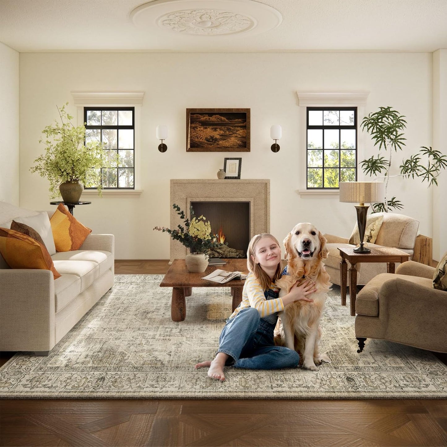 Washable Area Rugs for Living Room: 9x12 Bedroom Area Rugs Boho Vintage Rugs Stain Resistant Non Slip Low Pile Soft Lightweight Carpet for Kitchen Dining Room Farmhouse Nursery Kids Room Home Office