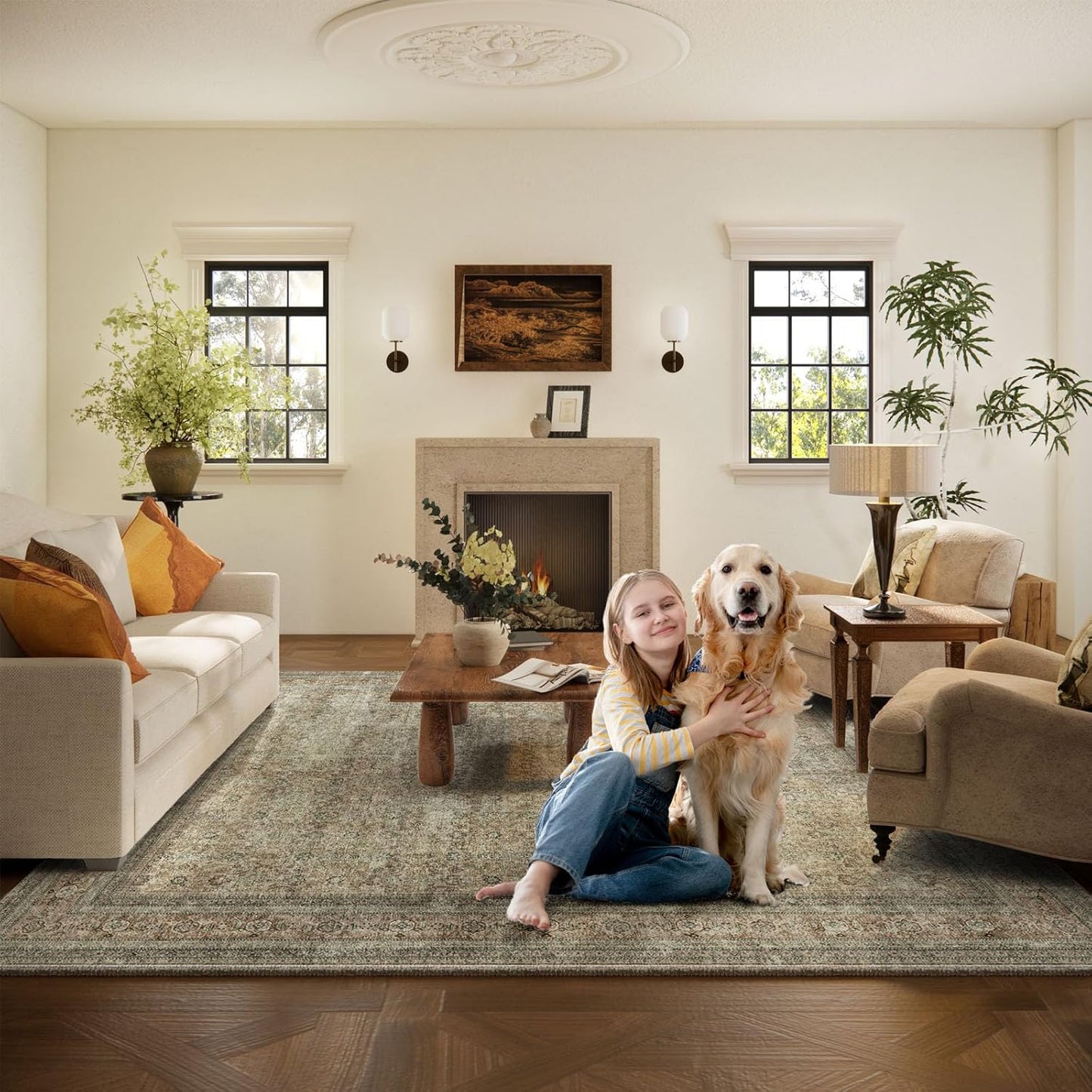 Washable Area Rugs for Living Room: 8x10 Bedroom Rug Boho Vintage Rugs Stain Resistant Non Slip Low Pile Lightweight Soft Carpets for Dining Room Kitchen Nursery Kids Room Farmhouse Living Room