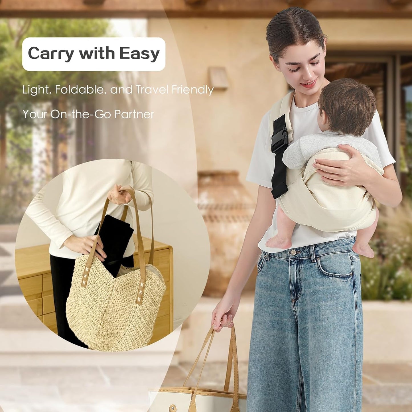Baby Sling Carrier, Toddler Carrier Sling with Double Safety Buckle and Adjustable Shoulder Strap(7-30lbs), Baby Carriers One Size Fits All, Beige