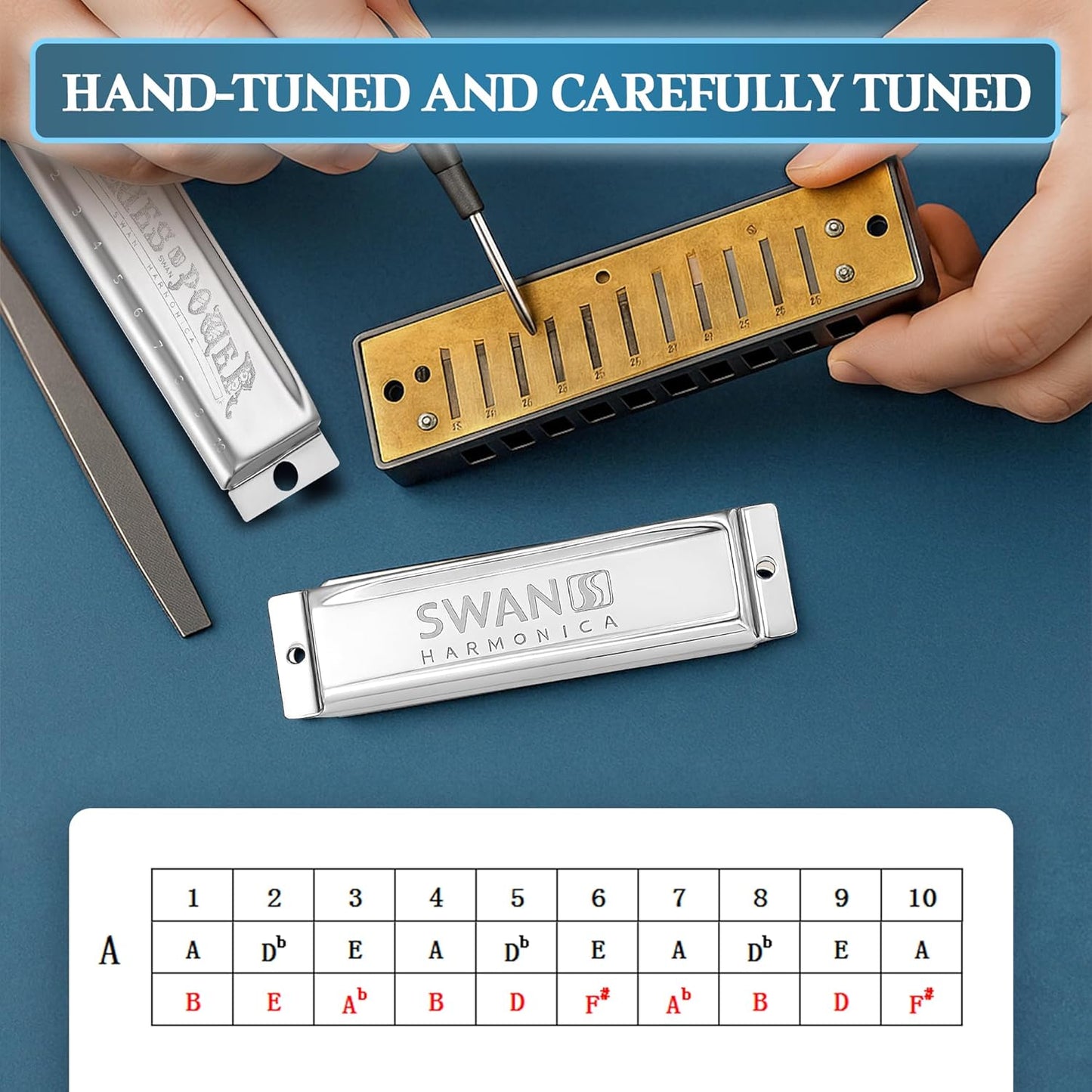 SWAN Blues Harmonica, Key of A, 10 Hole 20 Tone Diatonic Harp Mouth Organ, Stainless Steel Deluxe Harmonica for Adults, Students, Beginners, as a Gift (Silver-A)