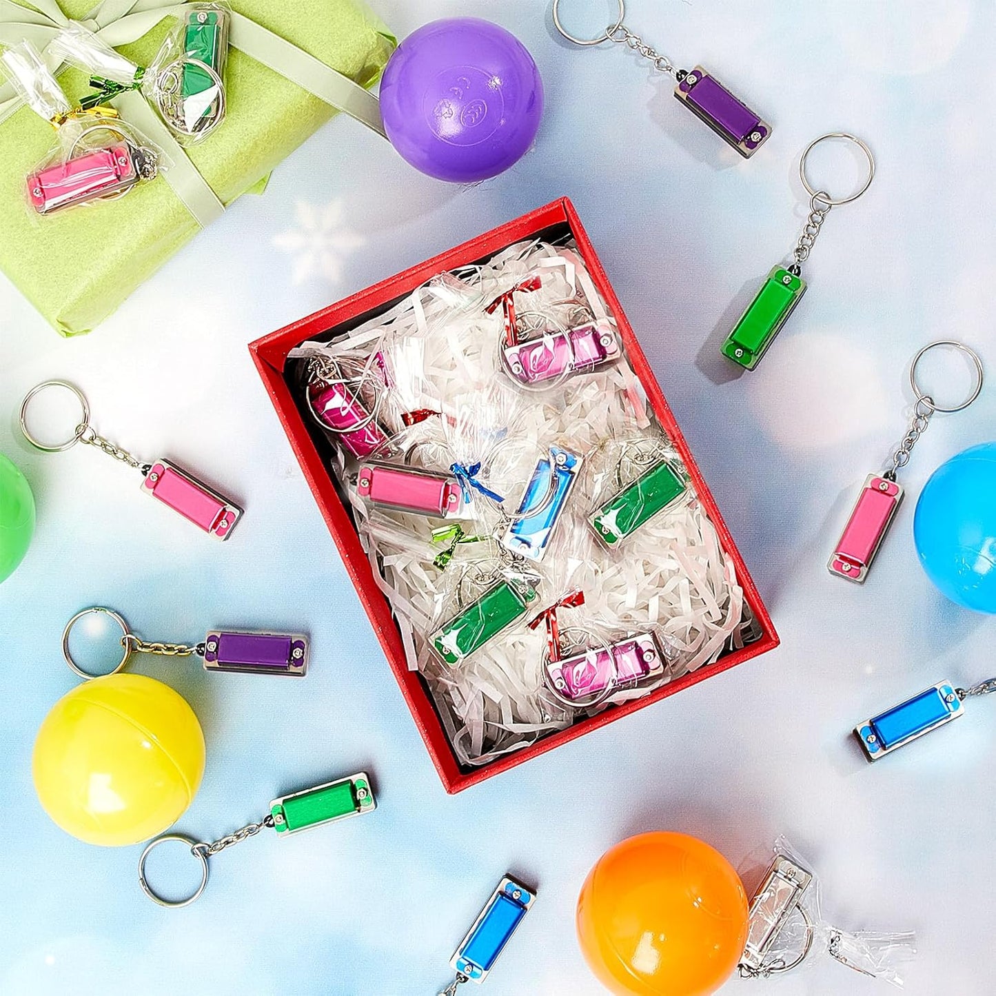 Ecally 32 Pcs Mini Harmonica Keychain for Kids Operation Christmas Favors Portable Wind Instruments 4 Holes 8 Tunes Harmonica Music Party Favors Cute Music Keychain Accessory (Fashion Color)