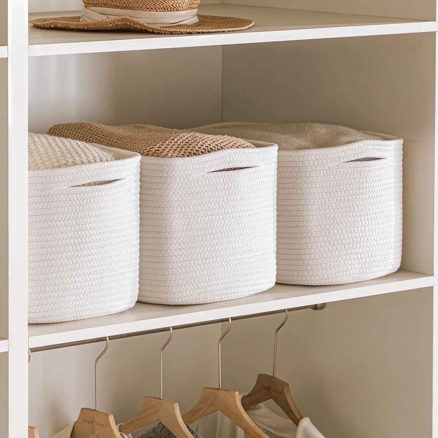 UBBCARE 4 Pack Baskets for Organizing, Woven Storage Baskets for Toys and Towel, Rectangle Cotton Rope Basket with Handles, 15''L x10''W x9''H, White