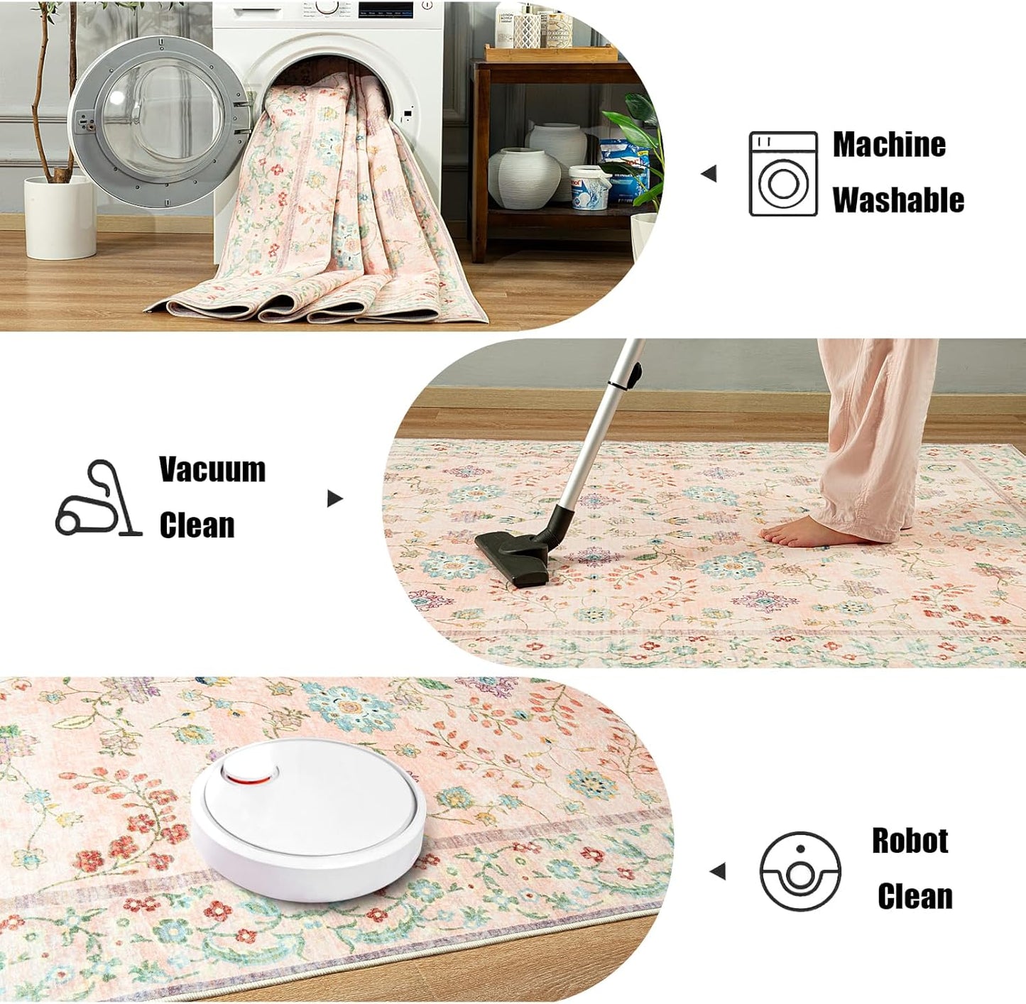 LOCHAS Washable Area Rugs 8x10, Pink Floral Rug for Living Room Bedroom Non Slip, Ultra Soft Vintage Indoor Carpet for Kids, Nursery, Dorm, Dining Room, Classroom, Boho Flower Home Decor, Low-Pile