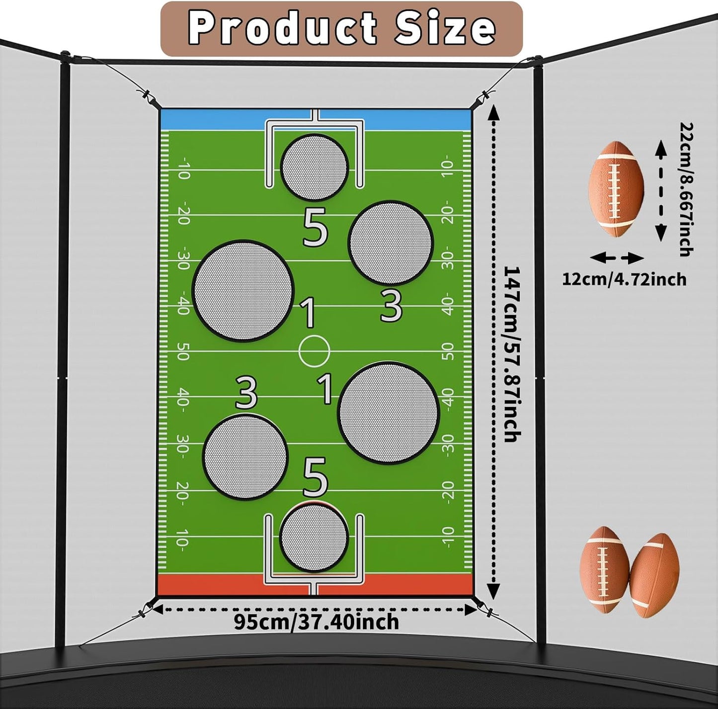 jumpfly Trampoline Football Game Accessories, Toss Throwing Target Net Fits 8 FT/10 FT/12 FT/14 FT Recreational Trampolines with Two Footballs - Trampoline Indoor Outdoor Party Games for Kids