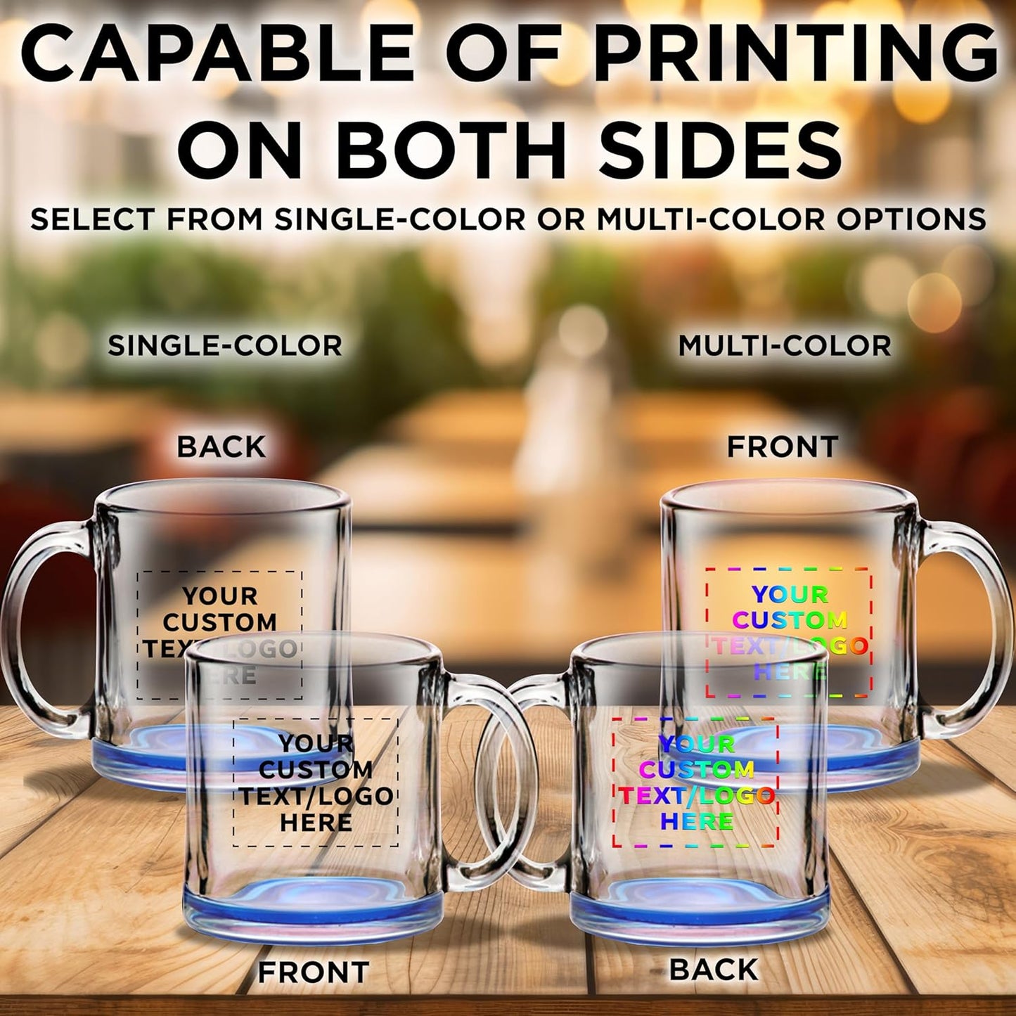 Custom Libbey Clear Glass Coffee Mugs 13 oz. Set of 50, Personalized Bulk Pack - Perfect for Coffee, Tea, Espresso, Hot Cocoa, Other Beverages - Blue Bottom