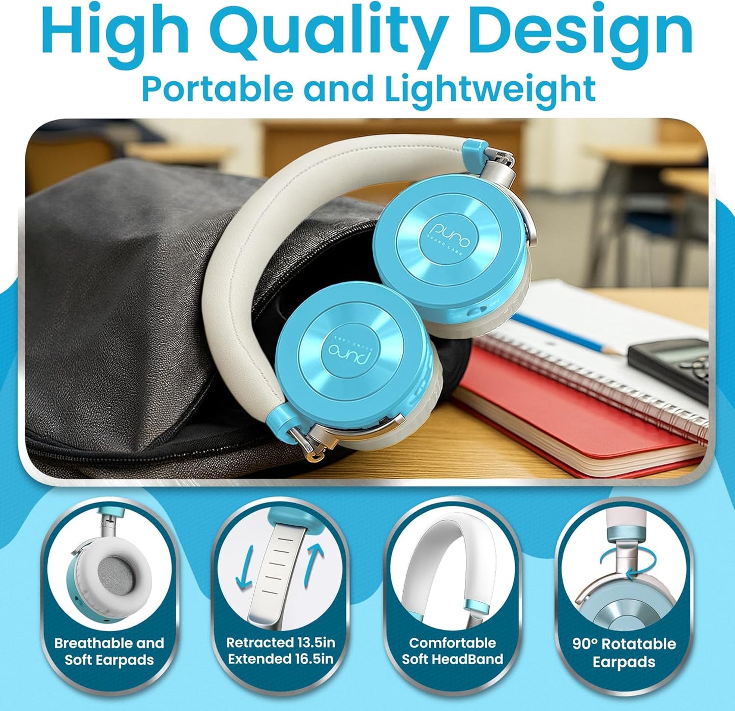 Puro Sound Labs JuniorJam Plus Volume-Limiting Wireless Bluetooth Headphones for Kids, Secure Audio with Adjustable On-Ear Design, 22-Hour Battery, Ideal for Tablets, Smartphones & PCs - Teal