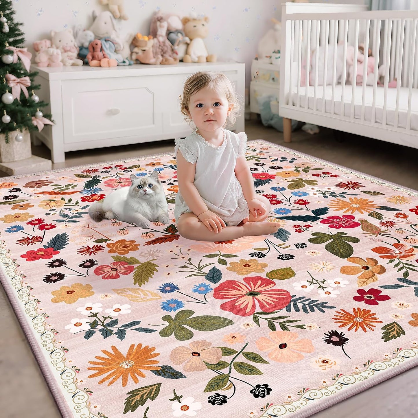 Area Rugs 2x3 Washable Rug for Entryway Boho Spring Farmhouse Floral Small Carpet Rug Beige Soft Non Slip Low Pile Faux Wool Stain Resistant Doormat for Bedroom Kitchen Bathroom Laundry Pet RV