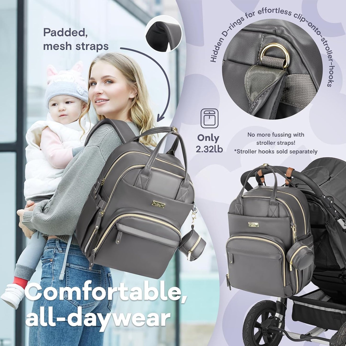 RUVALINO Diaper Bag Backpack, Multifunction Travel Baby Diaper Bag with Changing Pad, Insulated Bottle Holders & Pacifier Case, Large Capacity,Waterproof, Iron Gray