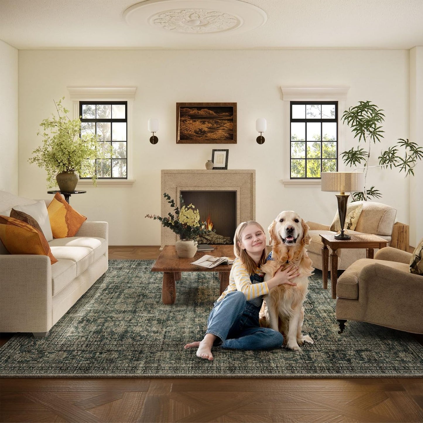 Washable Living Room Area Rug: 5x7 Rugs for Bedroom Vintage Stain Resistant Non Slip Low Pile Lightweight Boho Carpet for Kitchen Dining Room Farmhouse Kids Room Nursery