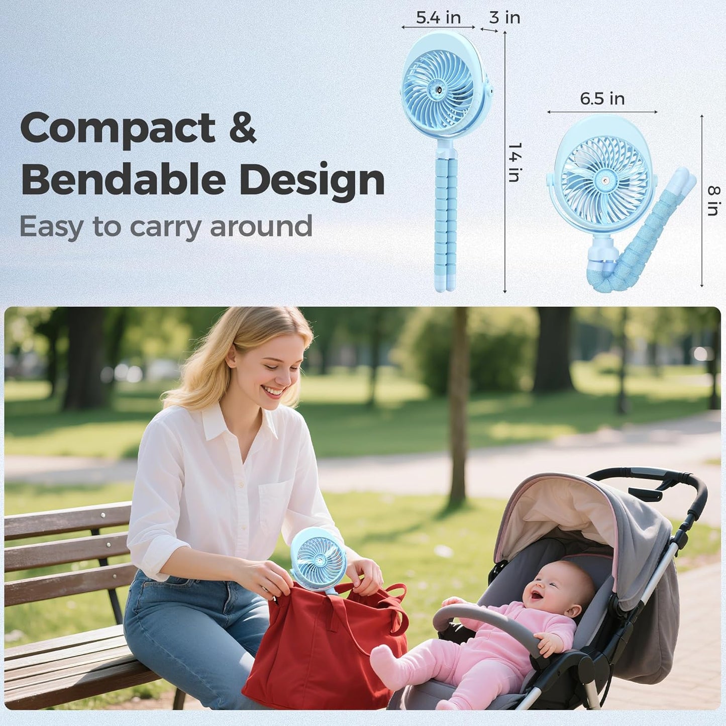 2025 Upgarded 4000mAh Misting Baby Stroller Fan, Rechargeable Battery Operated,Max 15Hrs Cooling,50ml Portable Water Sprayer Misting Fan with Flexible Tripod Clip on Car Seat Crib Treadmill Bunk Bed