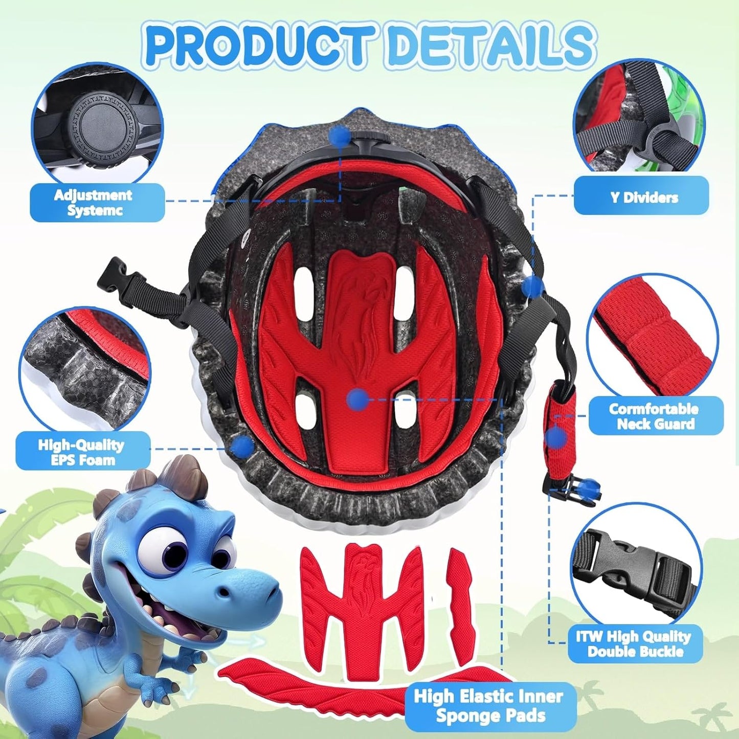 Toddler/Kids Bike Helmet Set for Boys Girls 3D Adjustable Kids Helmet Protective Gear Set Knee Elbow Wrist Pads and Multi-Sports Skateboard Scooter Cycling Roller Balance Bike