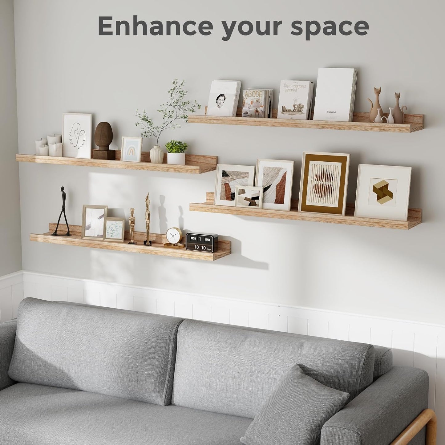 Fun Memories Rustic Wooden Picture Shelves for Wall with Ledge, 36 Inch Floating Shelves with Lip Set of 4, Kids Nursery Book Shelf Photo Shelf, Wall Mounted Display Shelves for Bedroom, Living Room