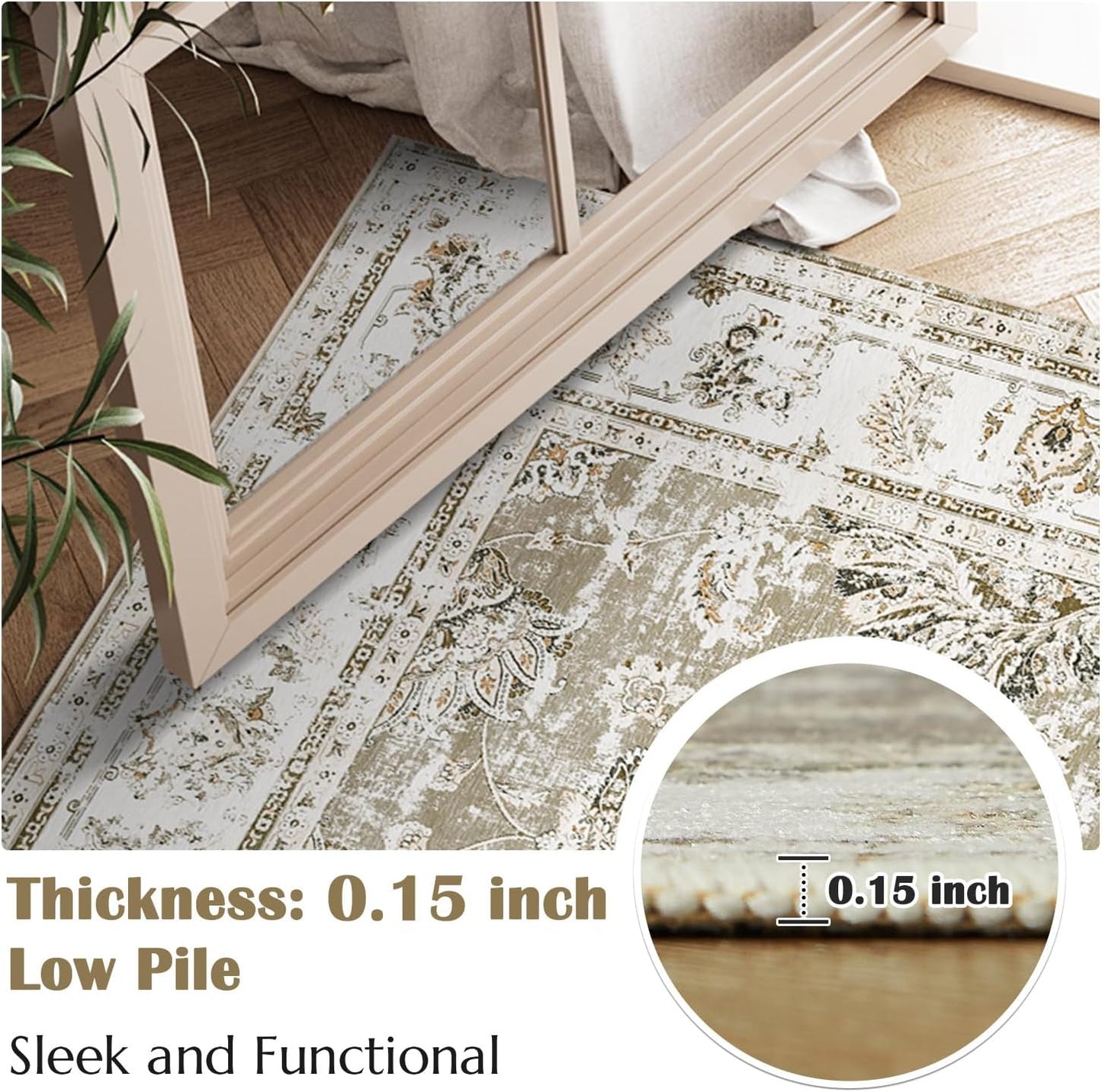 jinchan 6x9 Area Rugs for Living Room - Machine Washable Vintage Floral Distressed Design Stain Resistant Boho Carpet Ultra-Thin Low Pile Non-Slip Rug for Bedroom Dining Room Home Office (6‘x9',Taupe)