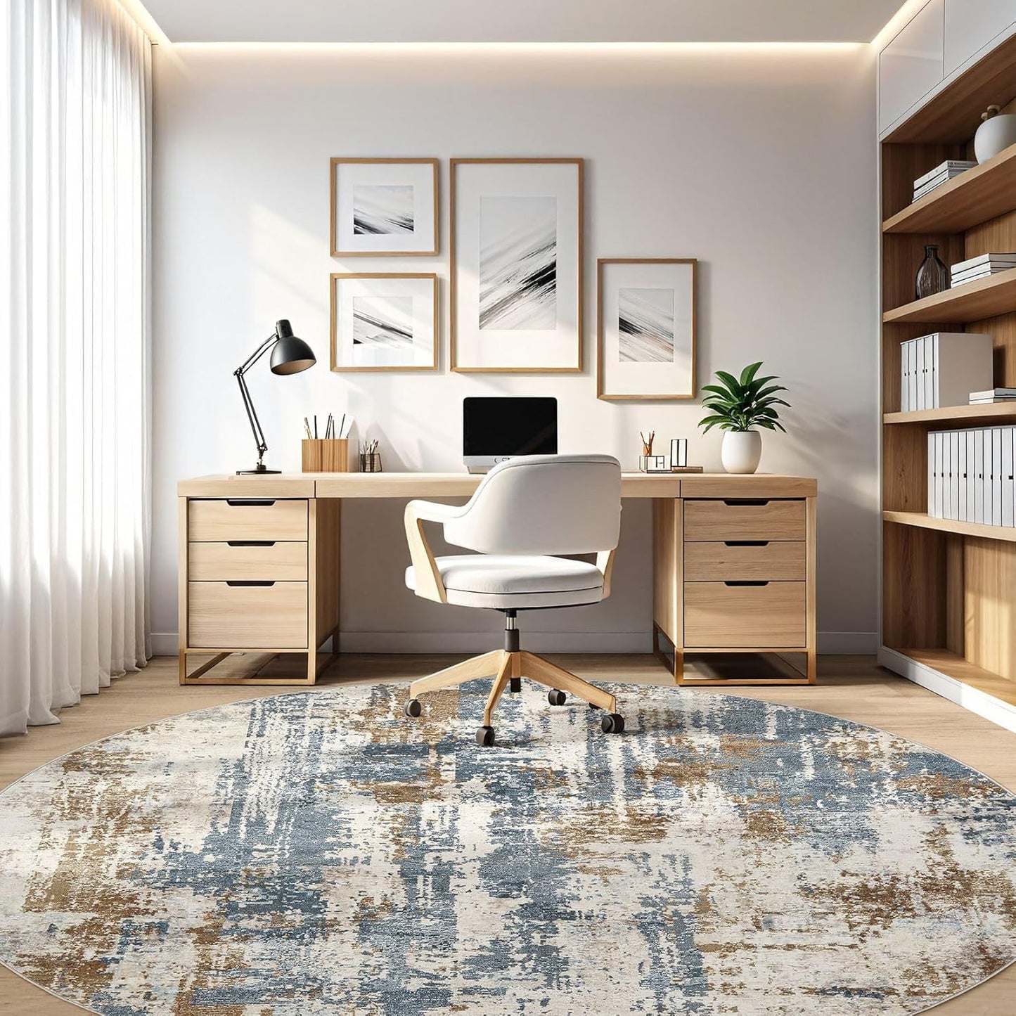 Round Rug Living Room Rugs: 10Ft Washable Circle Large Abstract Modern Soft Stain Resistant Non Slip Indoor Floor Carpet for Bedroom Nursery Office Dining Room Dorm Home House Decor- Tan Blue