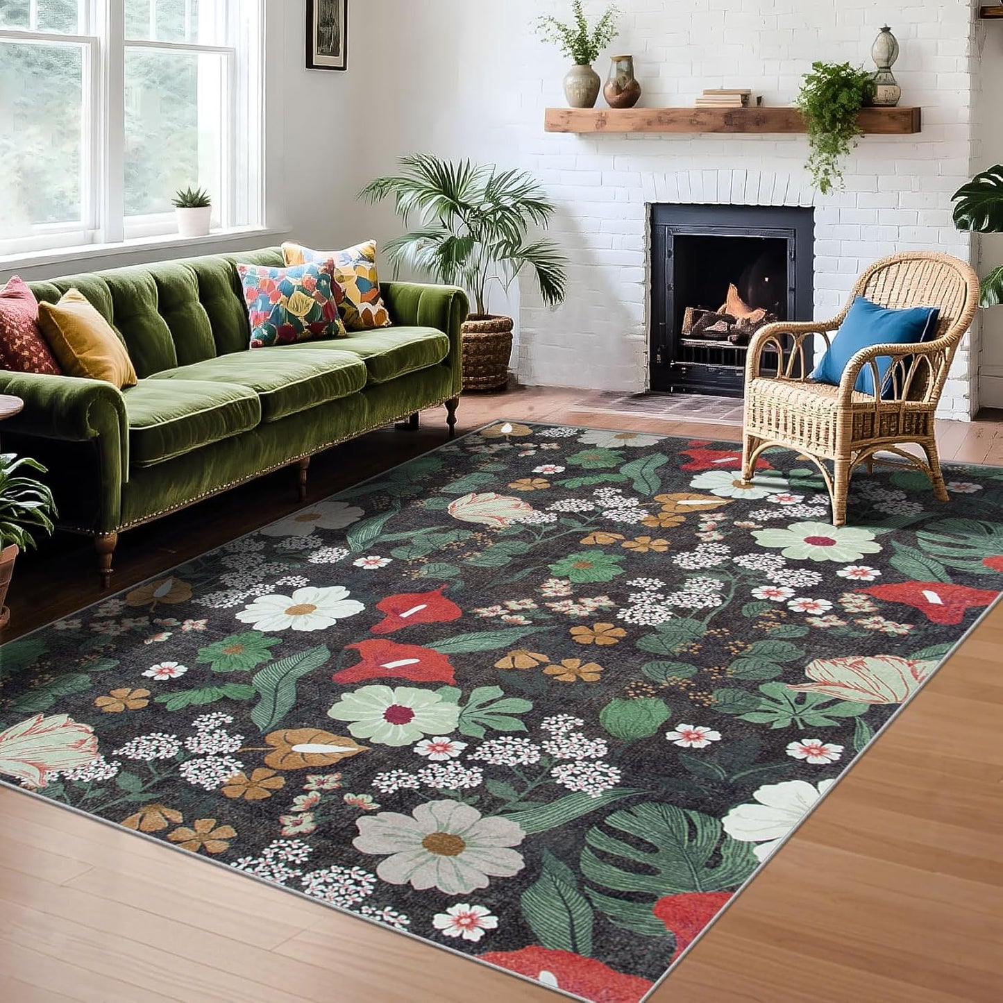 Area Rug Living Room Rugs: 5x7 Washable Rug Vintage Floral Soft Boho Non Slip Carpet Indoor Floor Non Shedding Low Pile Thin Carpets for Bedroom Dining Room Farmhouse Nursery Home Office Green