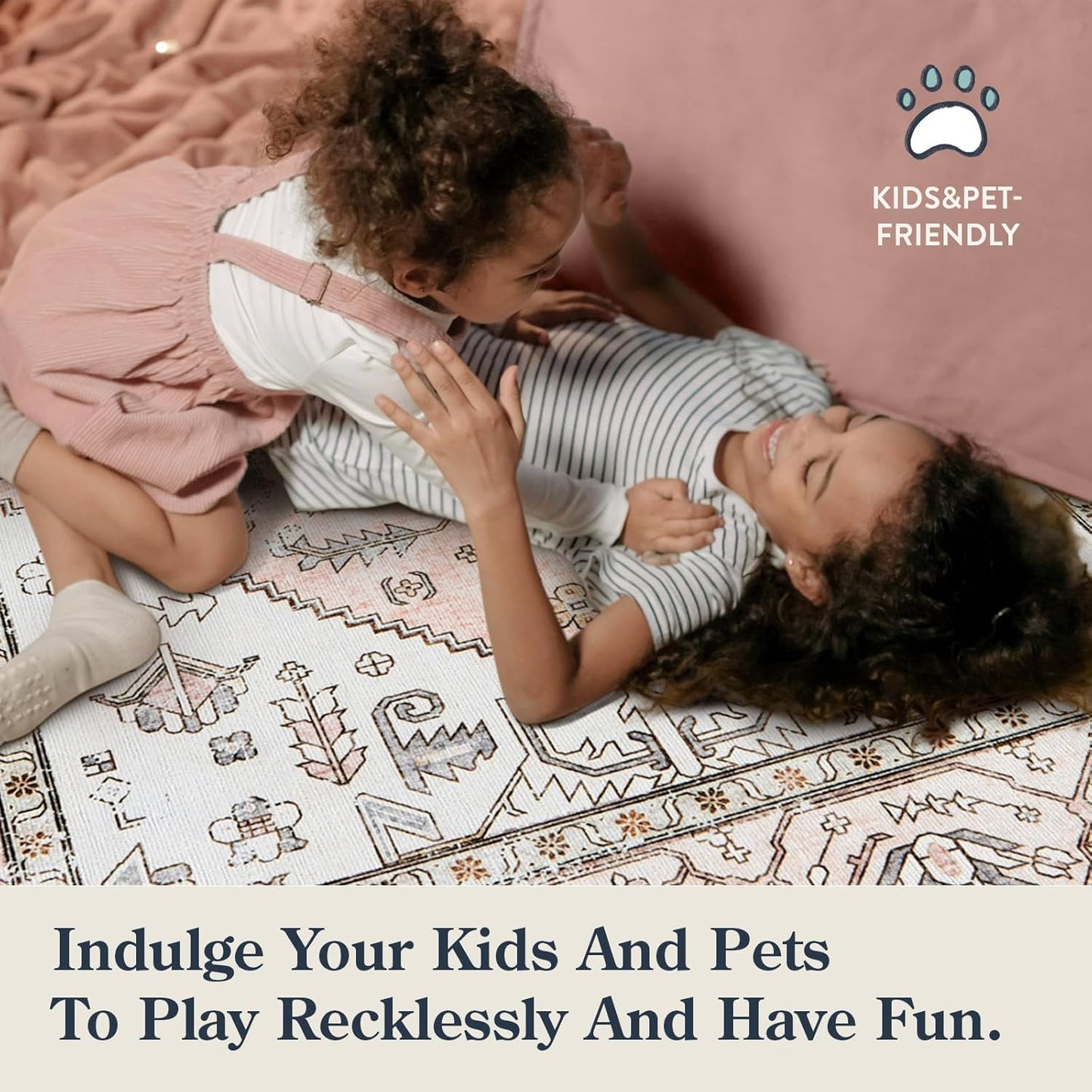 Lahome Boho Washable Living Room Area Rug - 3x5 Small Pink Rugs for Bedroom Non-Slip Throw Nursery Kids Room Rug, Vintagel Print Carpet Rug for Kitchen Office Bathroom Laundry Room (Pink, 3'x5')