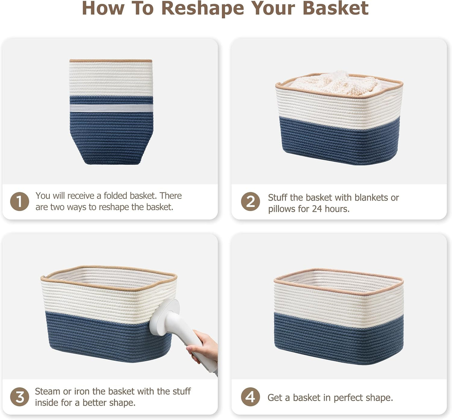 UBBCARE 4 Pack Baskets for Organizing, Woven Storage Baskets for Toys and Towel, Rectangle Cotton Rope Basket with Handles, 15''L x10''W x9''H, Navy Blue