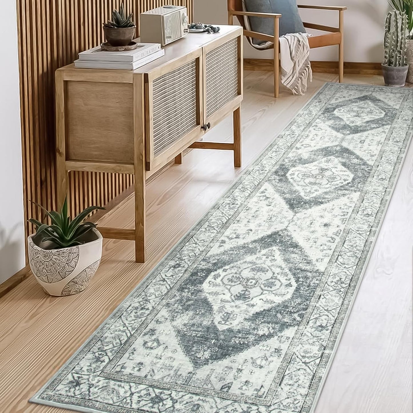Lahome Boho Washable Kitchen Runner - 2x10 Extra Long Stain Resistant Non-Slip Stair Rug Lightweight Throw Floor Oriental Distressed Print Runner for Bedroom Entryway