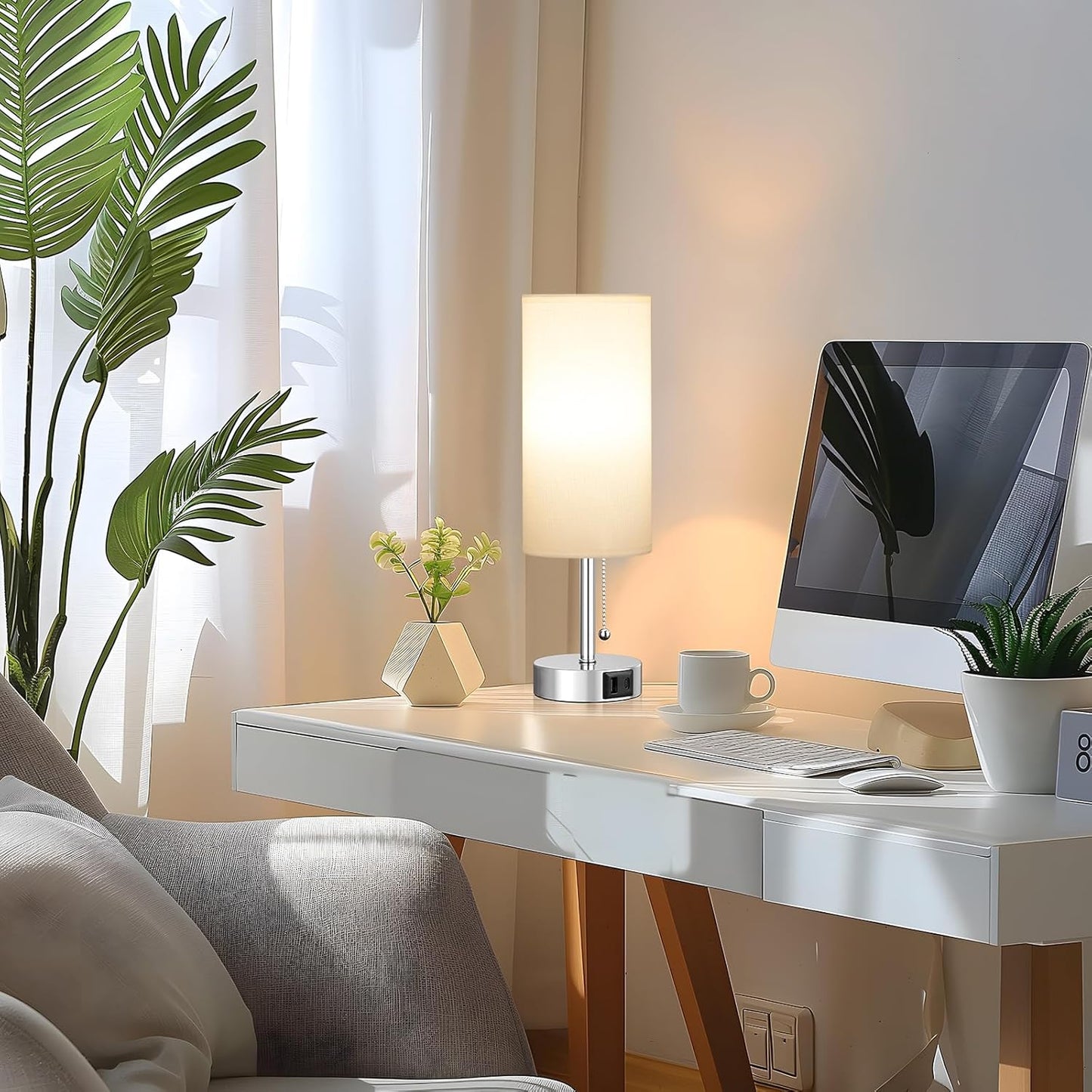 White Bedside Lamps for Bedroom Set of 2 - Nightstand Lamp with USB Charging Port, 3 Color Temperatures, Silver Base Night Stand Light, Side Table Desk Reading Lamp Dorm Room