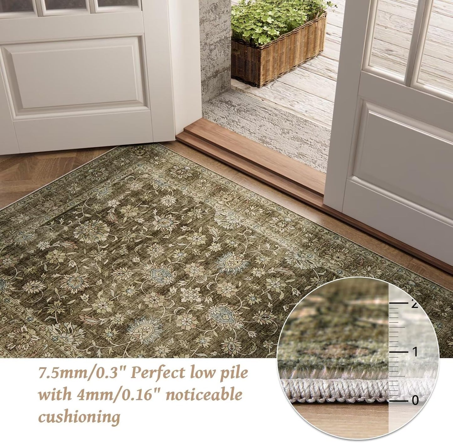 Washable 8x10 Area Rugs for Living Room, Boho Non-Slip Silicone Backing Rugs for Bedroom Dining Room Nursery Office, 0.3" Neutral Oriental Throw Carpet with 0.16" Cushioning Pad, Flaxen/Multi