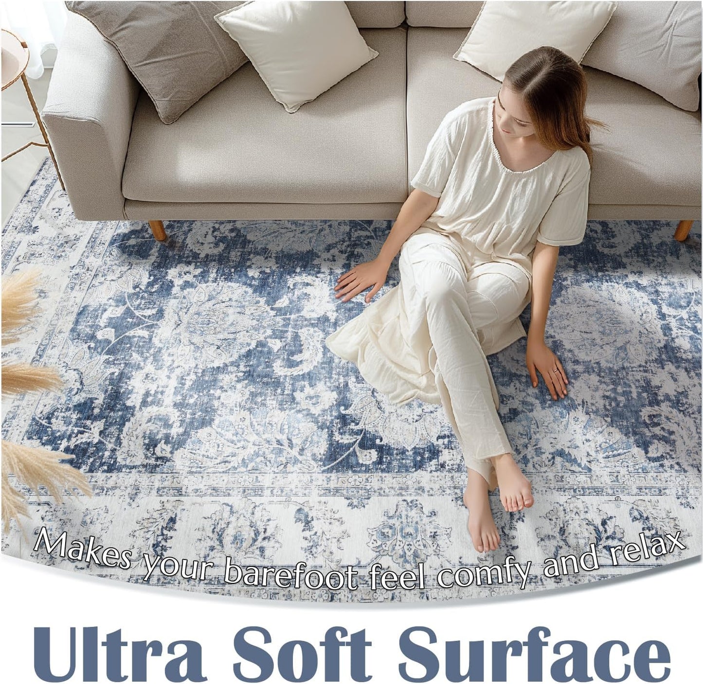 jinchan Runner Rug 2x6 Washable Hallway Runner - Vintage Floral Non Slip Low-Pile Soft Thin Kitchen Rug Distressed Carpet for Farmhouse Bedroom Entryway Laundry Room(2x6ft,Dark Blue)