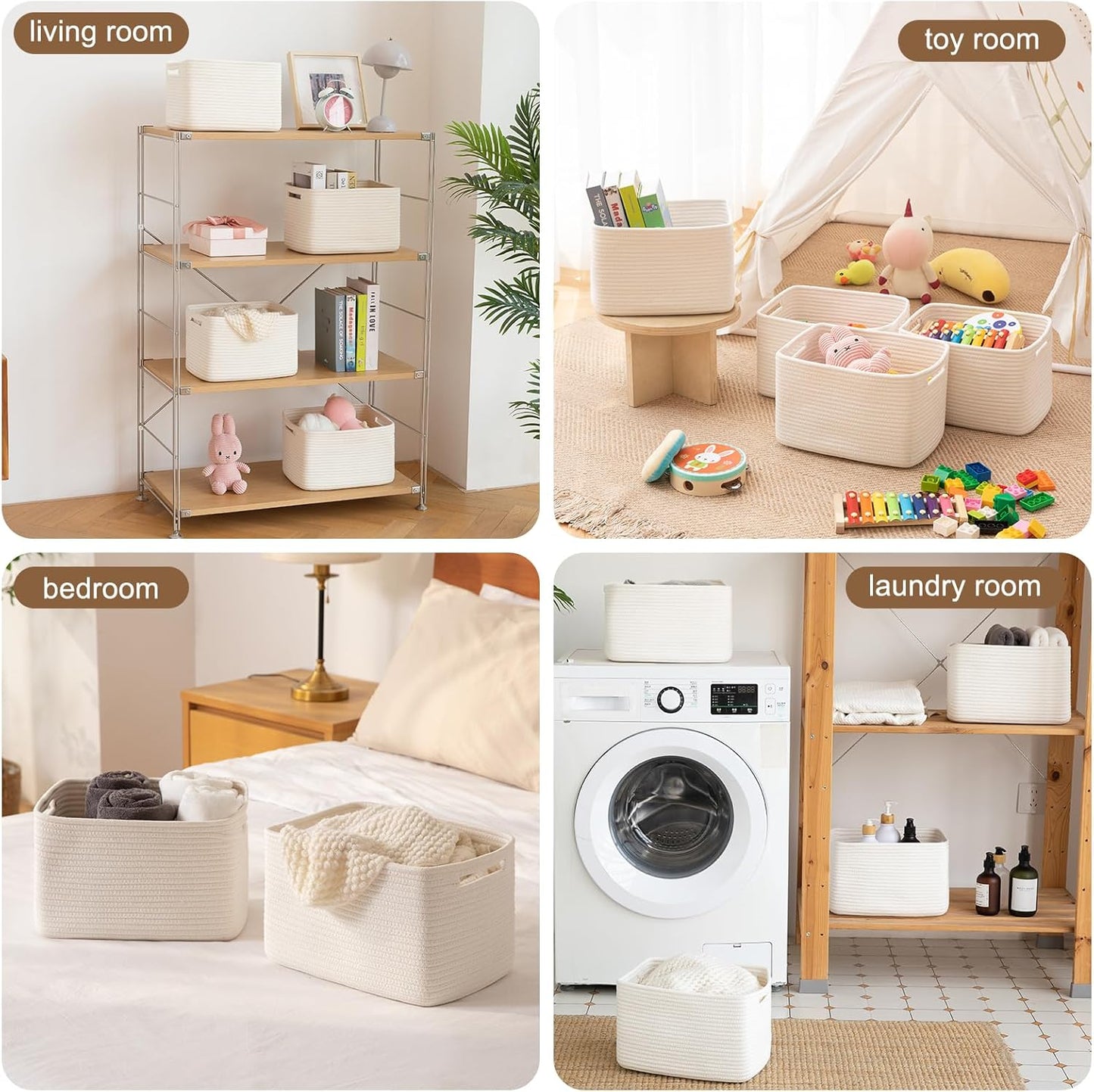 Storage Baskets for Organizing, Woven Decorative Baskets for Shelves - Books, Towels, and Clothes, Cotton Rope Toy Storage Bins, 12.7''Lx9''Wx7.8''H, Pack of 4, White