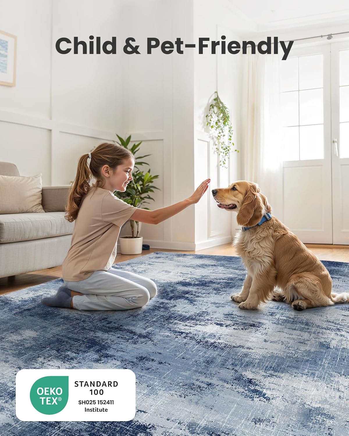 Amada 6x9 Washable Area Rug, Modern Abstract Living Room Rug with Non-Slip Backing & Short Pile, Large Rug with Abstract Pattern for Living Room, Bedroom and Dinning Room, Dark Blue