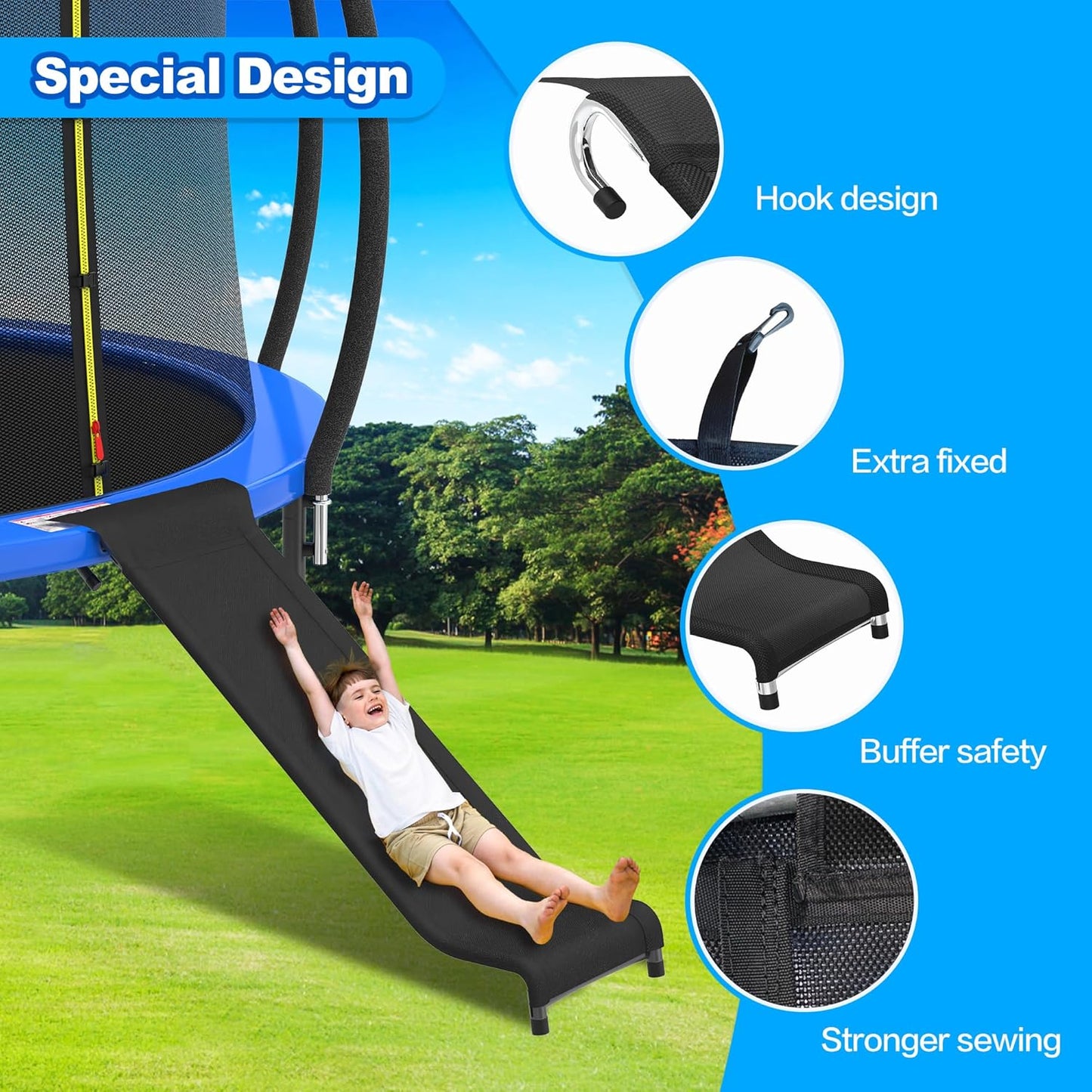 Trampoline Ladder Slide Kit, Trampoline Universal 3 Steps Ladder & Buffer Slide, Universal Trampoline Slide Stairs for 10 12 14 ft and More Frame, Trampoline Accessories Easy to Climb for Kids