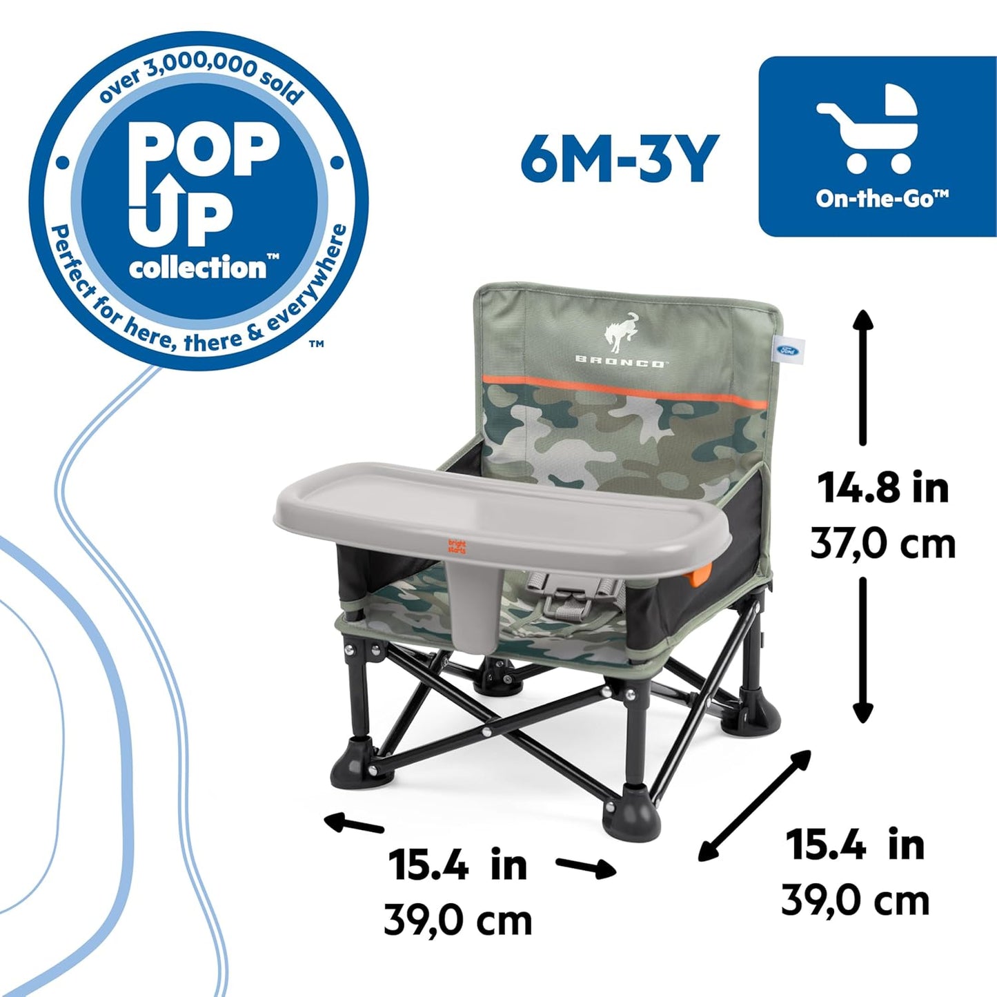 Ford Bronco Pop 'N Sit Portable Booster Chair by Bright Starts, Floor Seat, Indoor/Outdoor Use, Compact Fold, Camo Print, 6 Mos - 3 Yrs