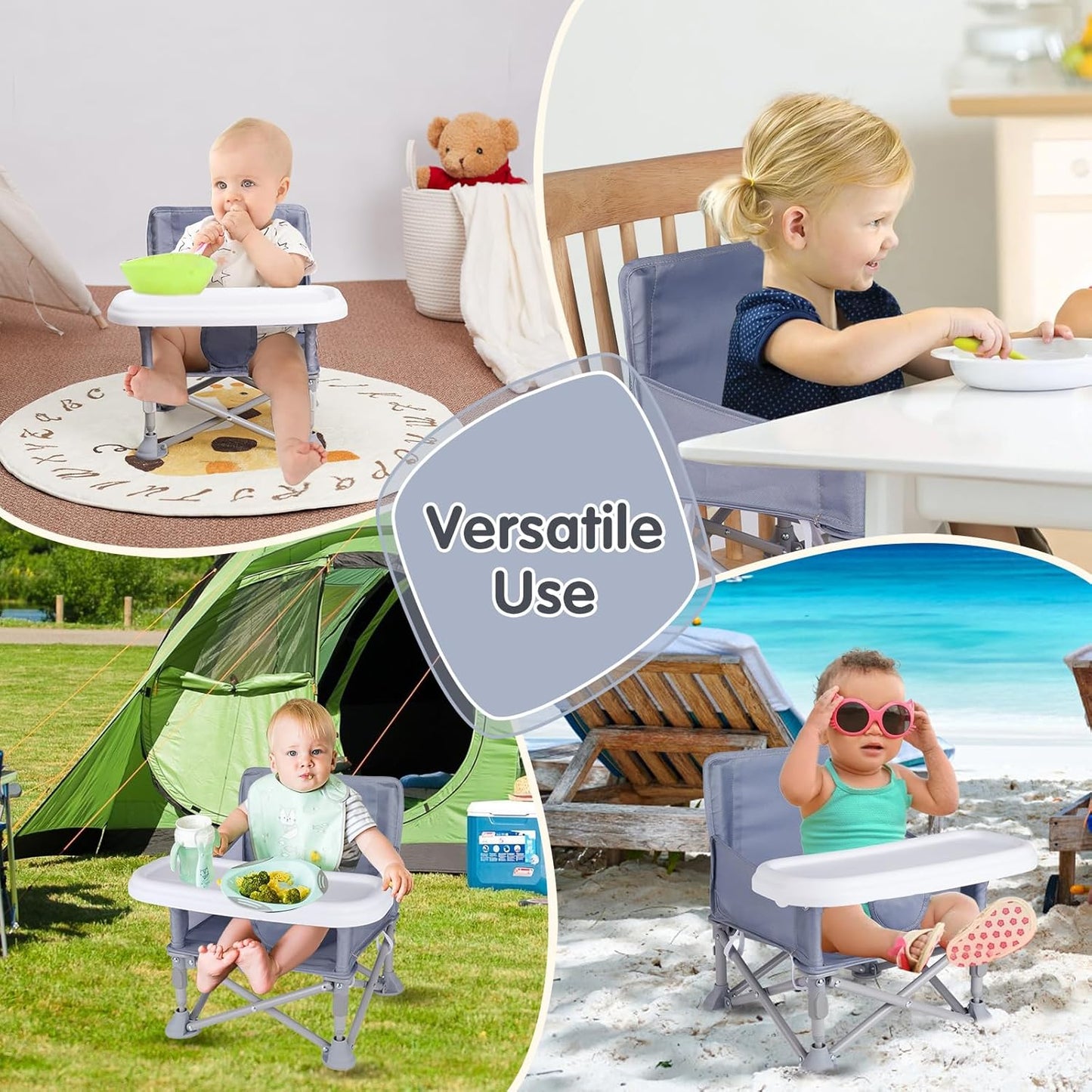 Portable Baby Booster Seat with Tray, Toddler Booster seat for Dining, Camping, Travel, Baby Beach Chair 6 Months to 3 Years Old Indoor Outdoor Use Grey