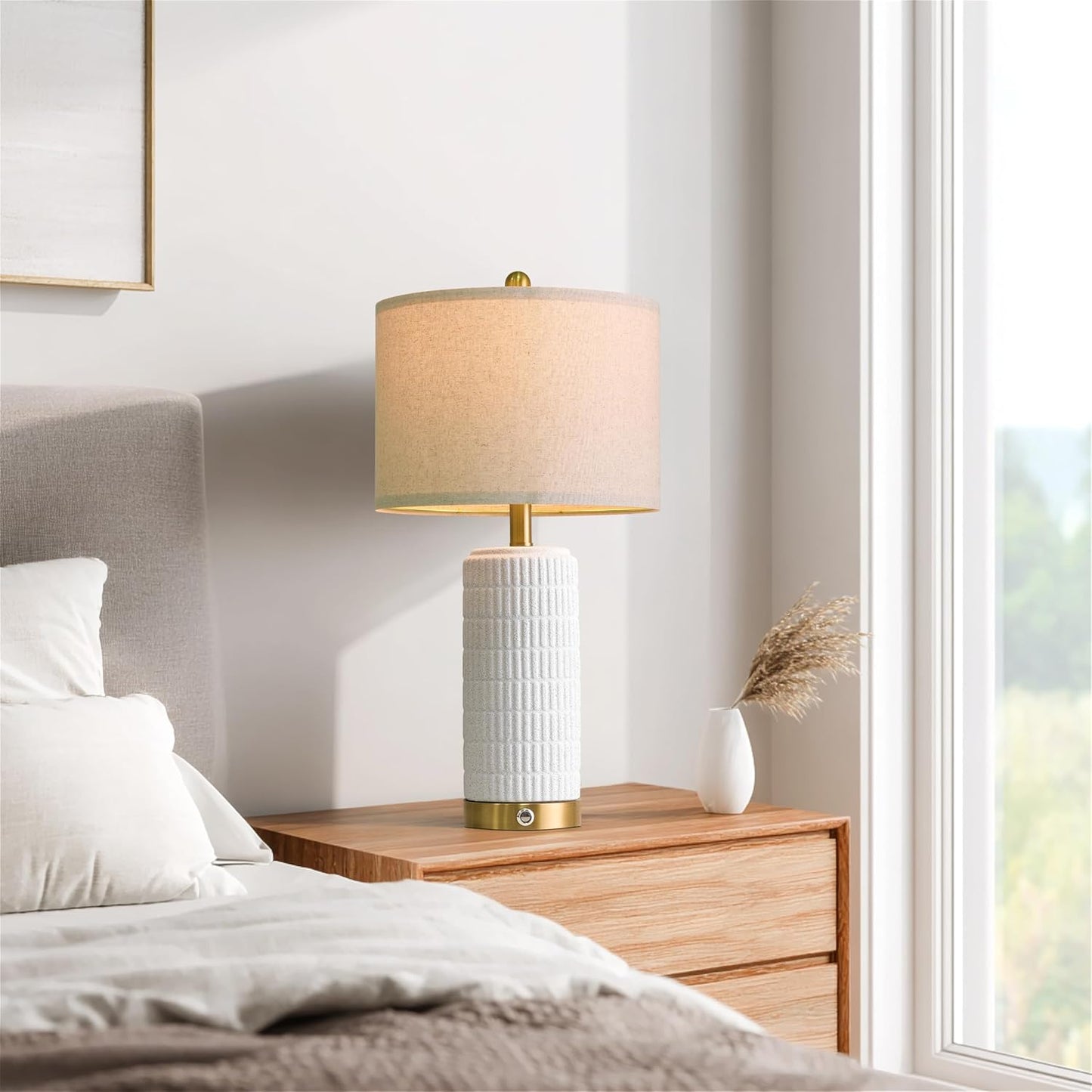 PoKat Touch Bedside Table Lamps with USB Ports for Bedroom, 25'' Dimmable Nightstand Touch Lamps for Night Stands, White Ceramic Lamps with Gold Base for Living Room End Side Table, Frosted White