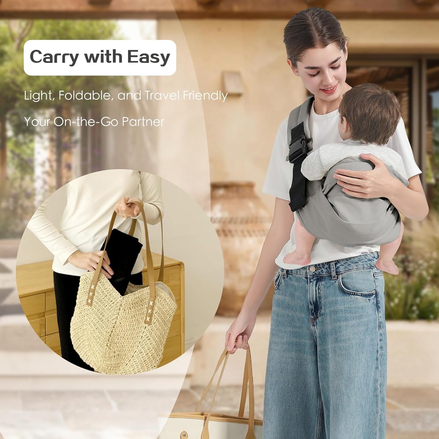 Baby Sling Carrier, Toddler Carrier Sling with Double Safety Buckle and Adjustable Shoulder Strap(7-30lbs), Baby Carriers One Size Fits All, Grey