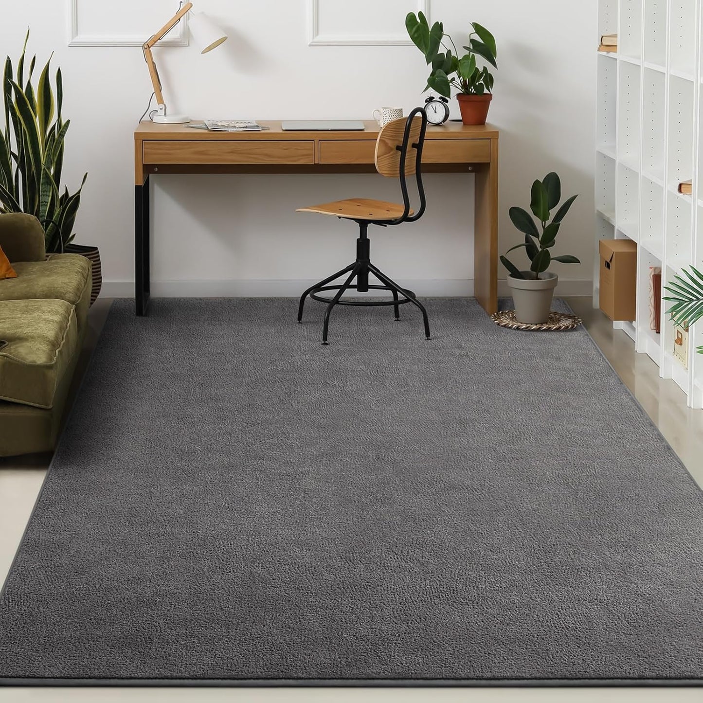 Kimicole 4x6 Washable Area Rugs for Bedroom Living Room, Low Pile Ulta-Thin Solid Color Rug, Non-Slip Soft Fluffy Carpet for Nursery Kids Room Dorm Room Home Decor (Deep Grey)
