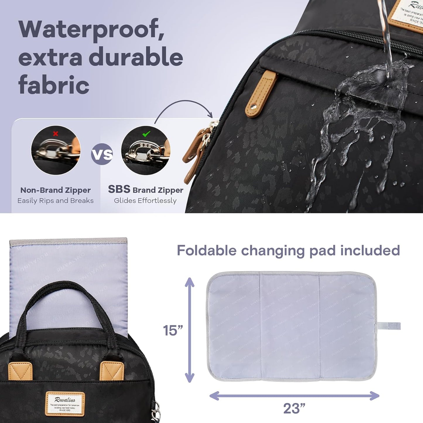 RUVALINO Diaper Bag Backpack-Multifunction Baby Travel Bag with Changing pad, Insulated Bottle Holders & Pacifier Case, Large Capacity, Waterproof, Black Leopard