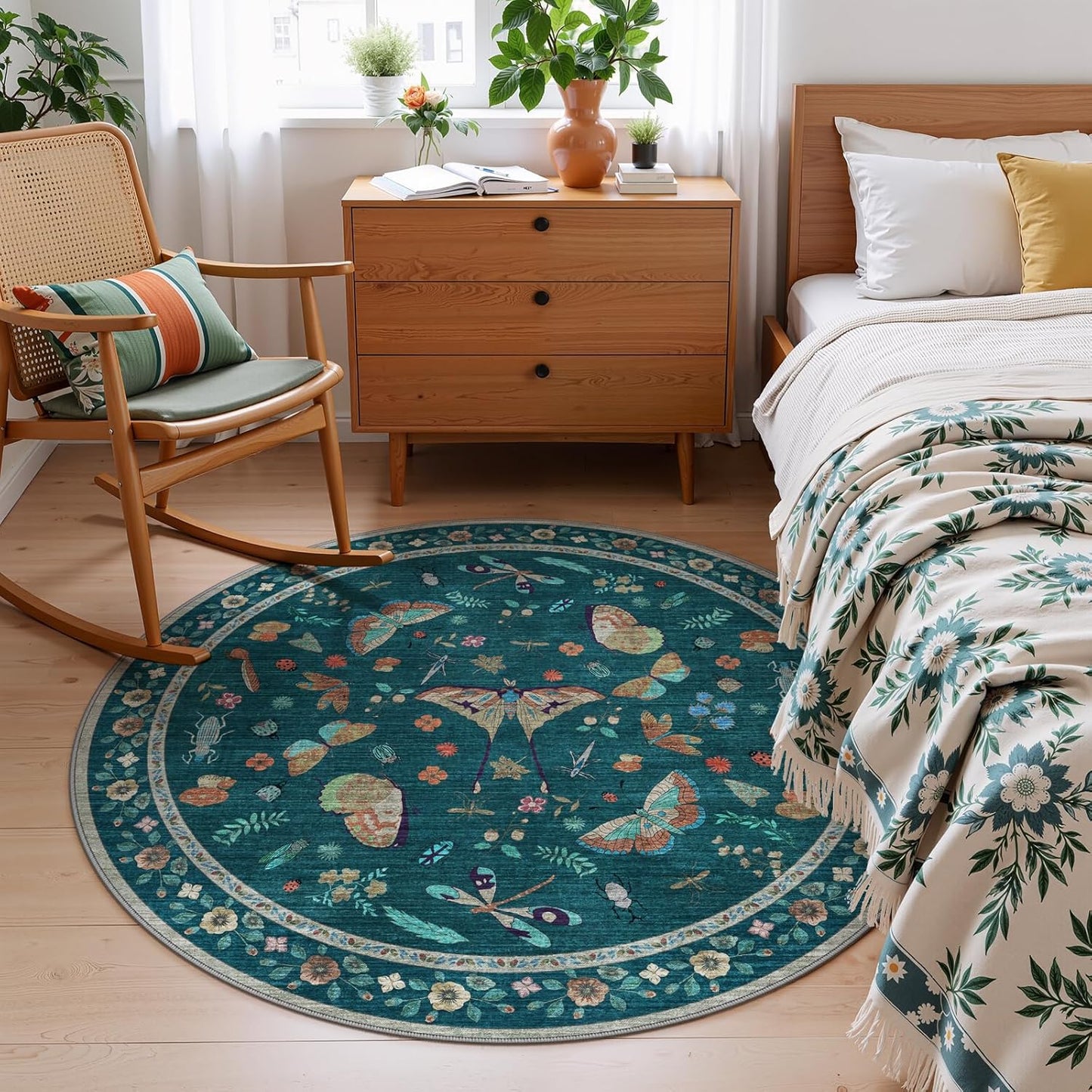 6ft Washable Round Rug - Bug Rugs for Living Room Non-Slip Low Pile Soft Ultra-Thin Machine Washable Circle Carpet for Bedroom, Entryway, Nursery, Kitchen, Home Office (6' Round Teal)