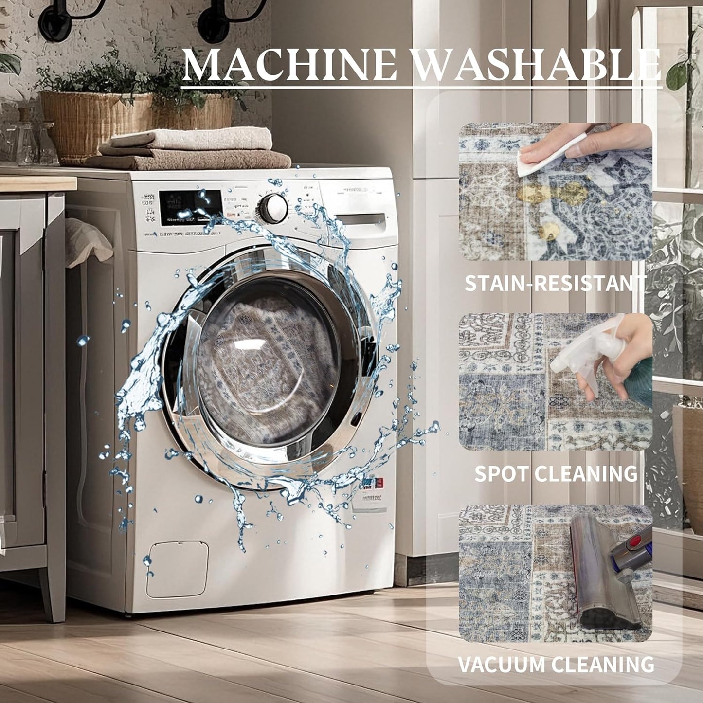 6x9 Area Rugs Washable: Oriental Soft Area Rug for Living Room Bedroom No Shedding - Low Pile Thin Carpet Rug for Dining Room Non Slip - Boho Vintage Rug for Home Decor - Blue Grey