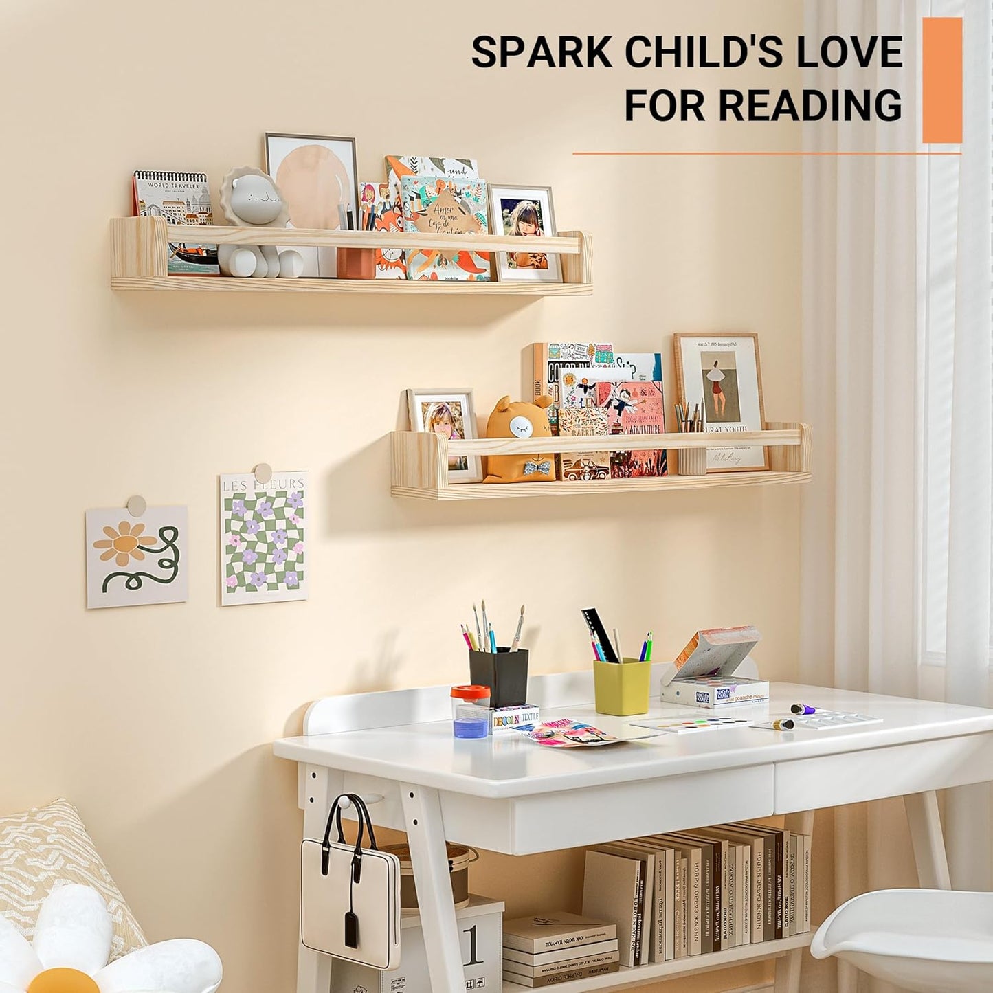 Heimlove Nursery Floating Shelves, Wood Nursery Book Shelves for Wall, 32 inch Wall Bookshelf for Kids Solid Wood Shelves for Books,Toys and Decor Storage, Set of 3