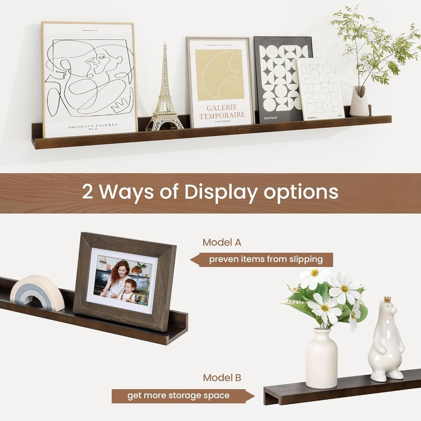 Picture Ledge Shelf, Solid Pine Wood Floating Shelves Set of 2, 36 Inches Nursery Book Shelves for Toys Storage, Kids Bookshelf Wall Mounted for Living Room Bedroom Decor Books Photo Frames, Walnut