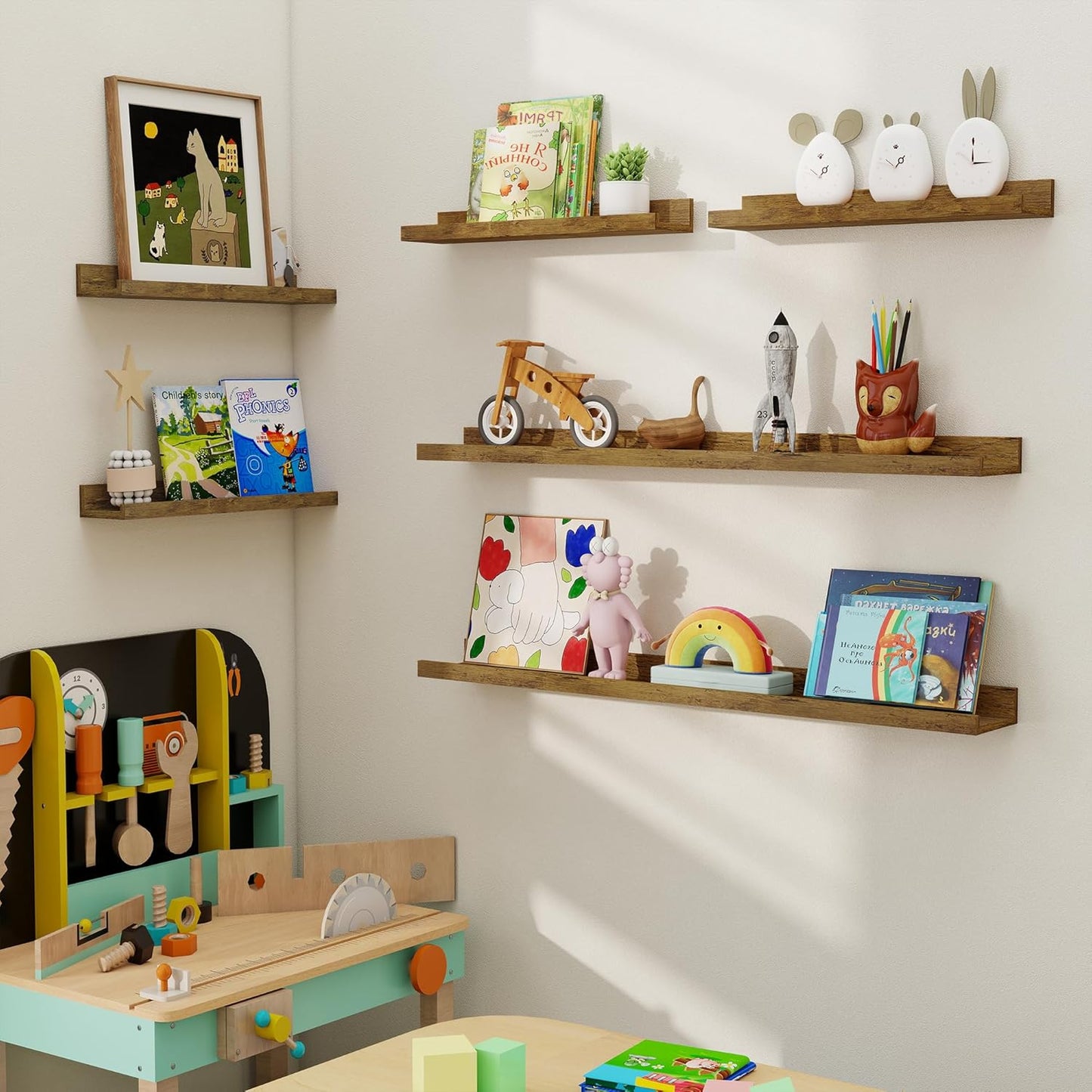 Axeman Picture Ledge Shelf, Floating Shelves for Wall Storage Set of 6, 36 inch Floating Wall Mounted Shelves, Wall Shelves with Lip for Living Room, Bedroom, Nursery, Bathroom, Kitchen, Rustic Brown