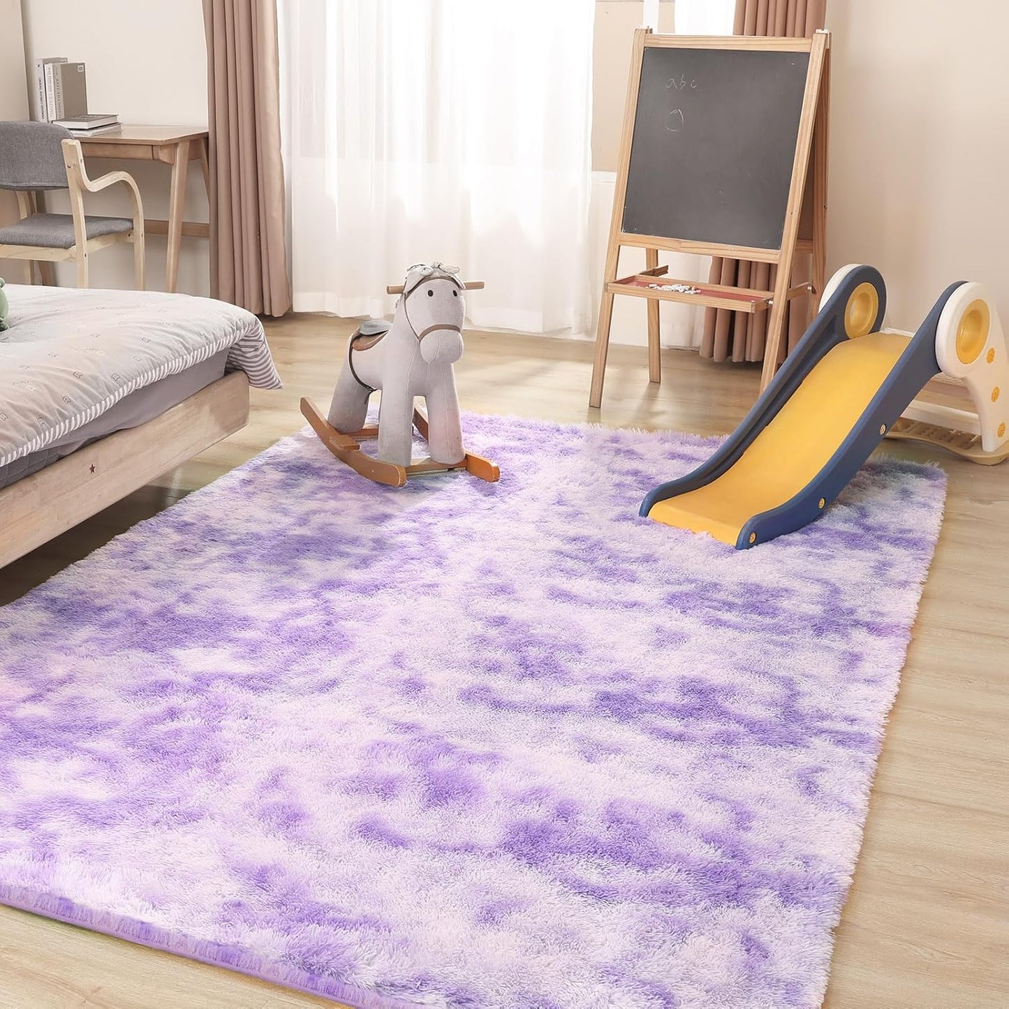 Plush Area Rug 4x5.8, Ultra Soft Rugs for Living Room, Fluffy Carpet Rugs for Bedroom, Non-Slip Indoor Rug for Nursery, Study Room, Playroom, Home Decor, Tie-Dyed Purple