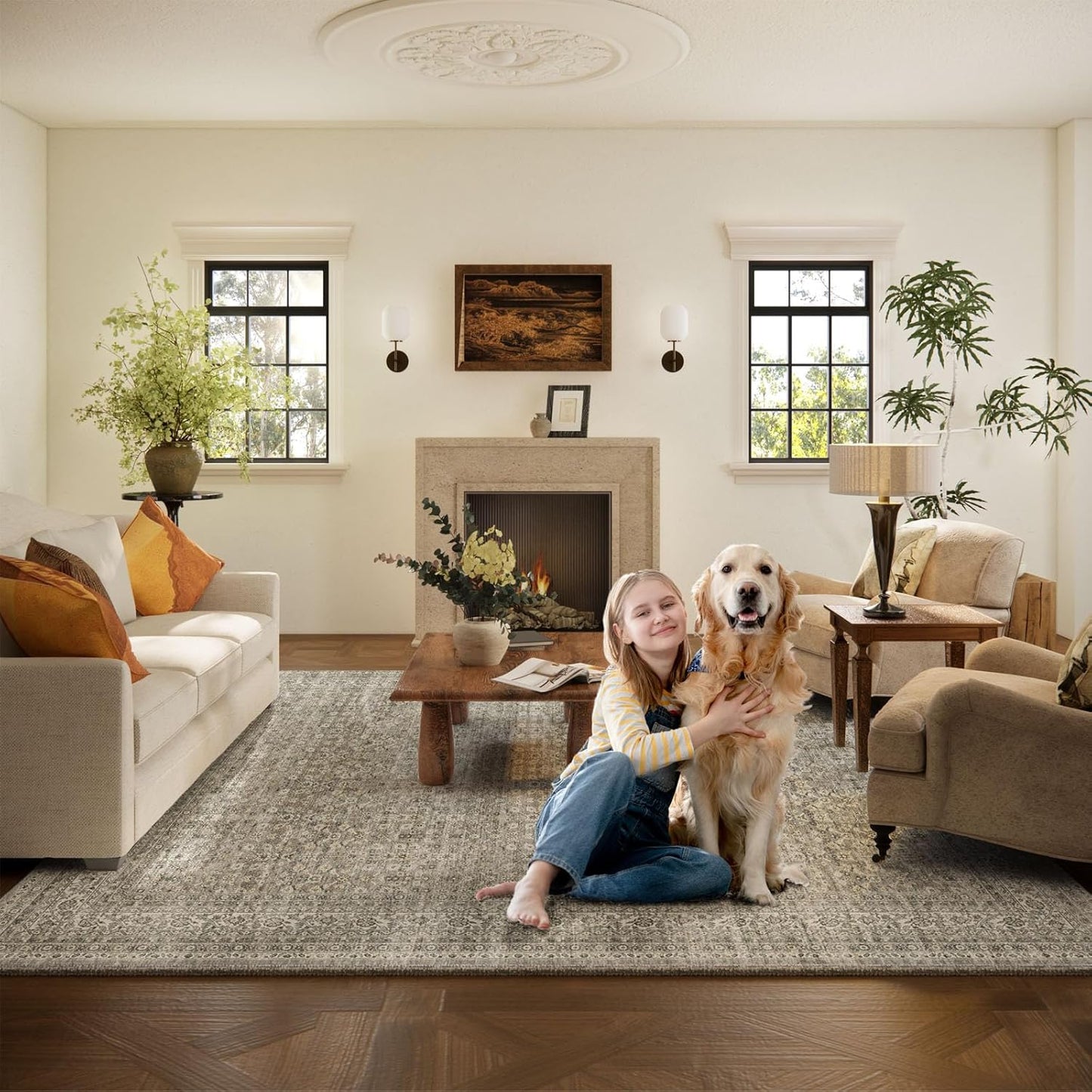 Washable Area Rugs for Living Room: 10x14 Bedroom Rug Vintage Large Rugs Stain Resistant Non Slip Low Pile Soft Lightweight Carpet for Kitchen Dining Room Farmhouse Nursery Kids Room