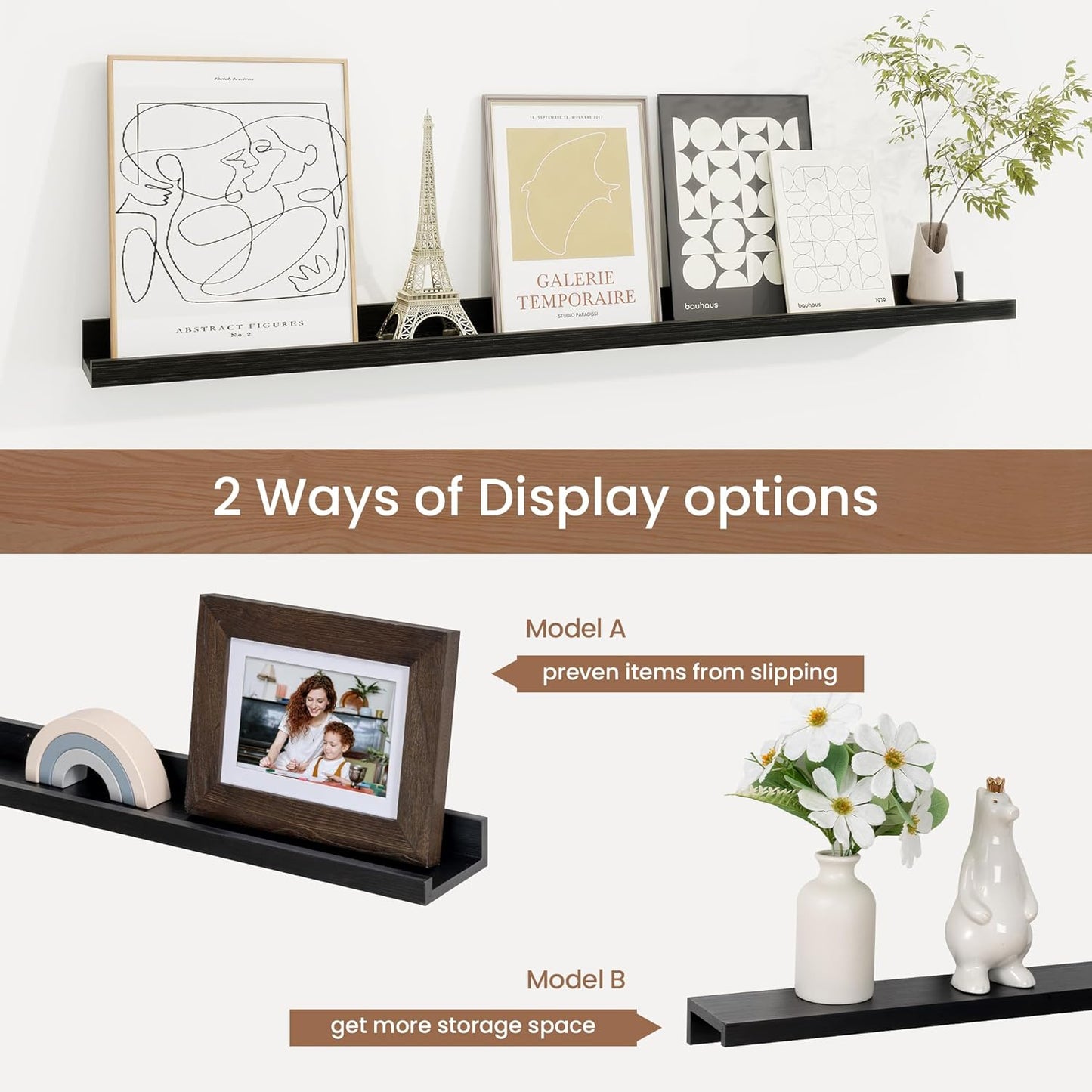 Picture Ledge Shelf, Solid Pine Wood Floating Shelves Set of 2, 36 Inches Nursery Book Shelves for Toys Storage, Kids Bookshelf Wall Mounted for Living Room Bedroom Decor Books Photo Frames, Black