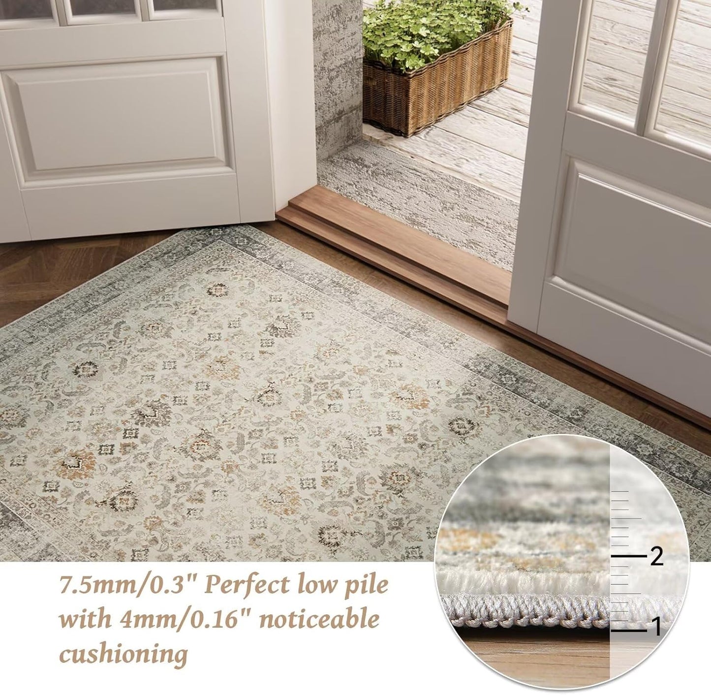 Washable 4x6 Rugs for Living Room, Boho Non-Slip Silicone Backing Small Rugs for Bedroom Nursery Office, 0.3" Neutral Oriental Throw Carpet with 0.16" Cushioning Pad, Grey/Multi