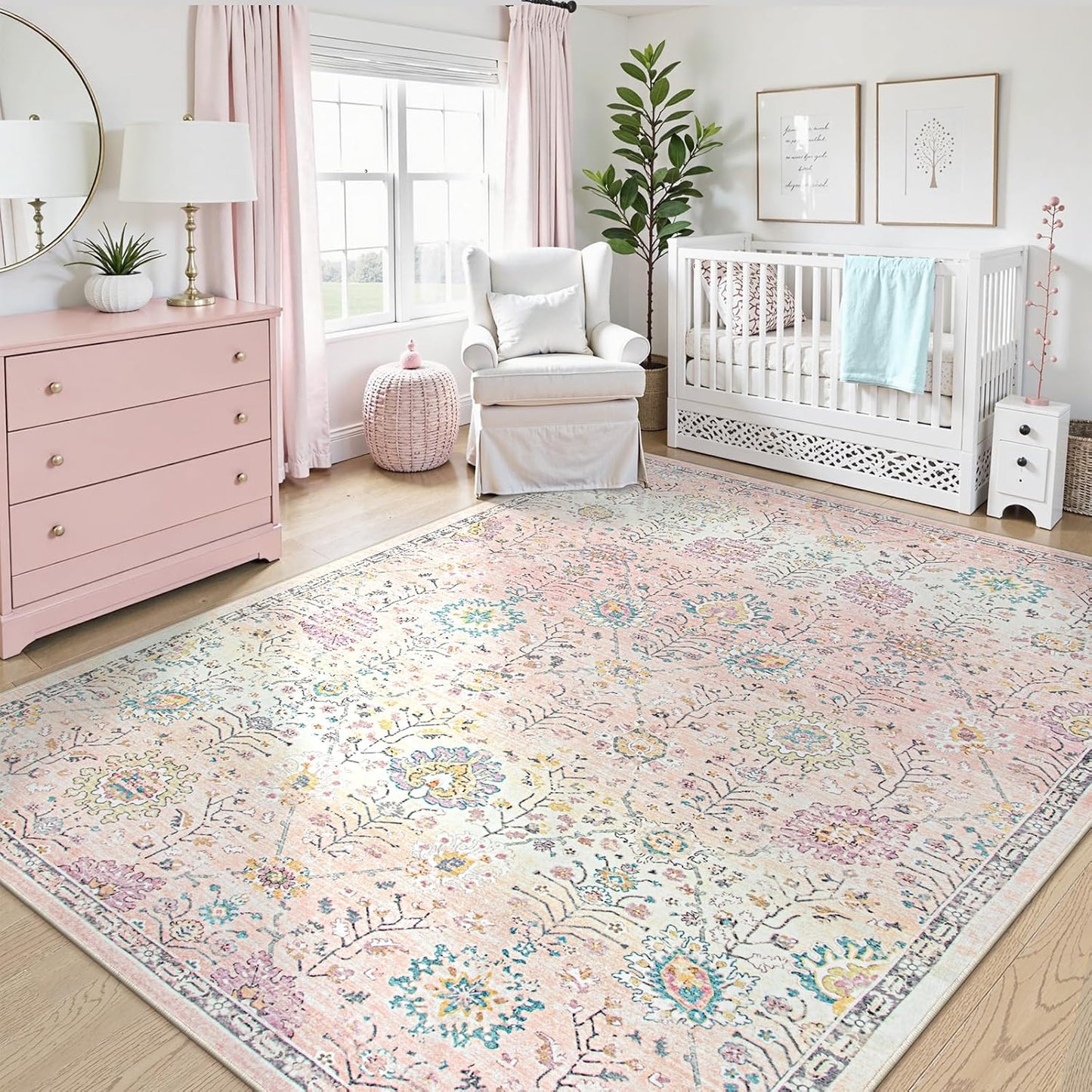 Lahome Pink Boho Area Rug, 8x10 Washable Rugs for Bedroom Girls Living Room, Soft Blush Floral Non Slip Pastel Thin Floor Carpet for Classroom Playroom Home Decor