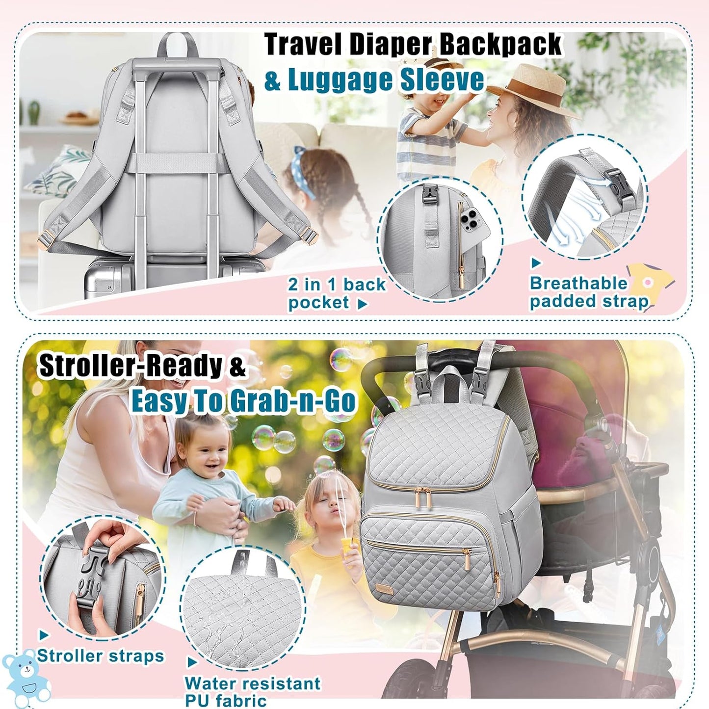 Weitars Diaper Bag Backpack Large Baby Diaper Bag with Changing Pad Travel Diaper Backpack,Baby Bag for Boys Girls,Stroller Straps,5 Insulated Pockets (Gray)