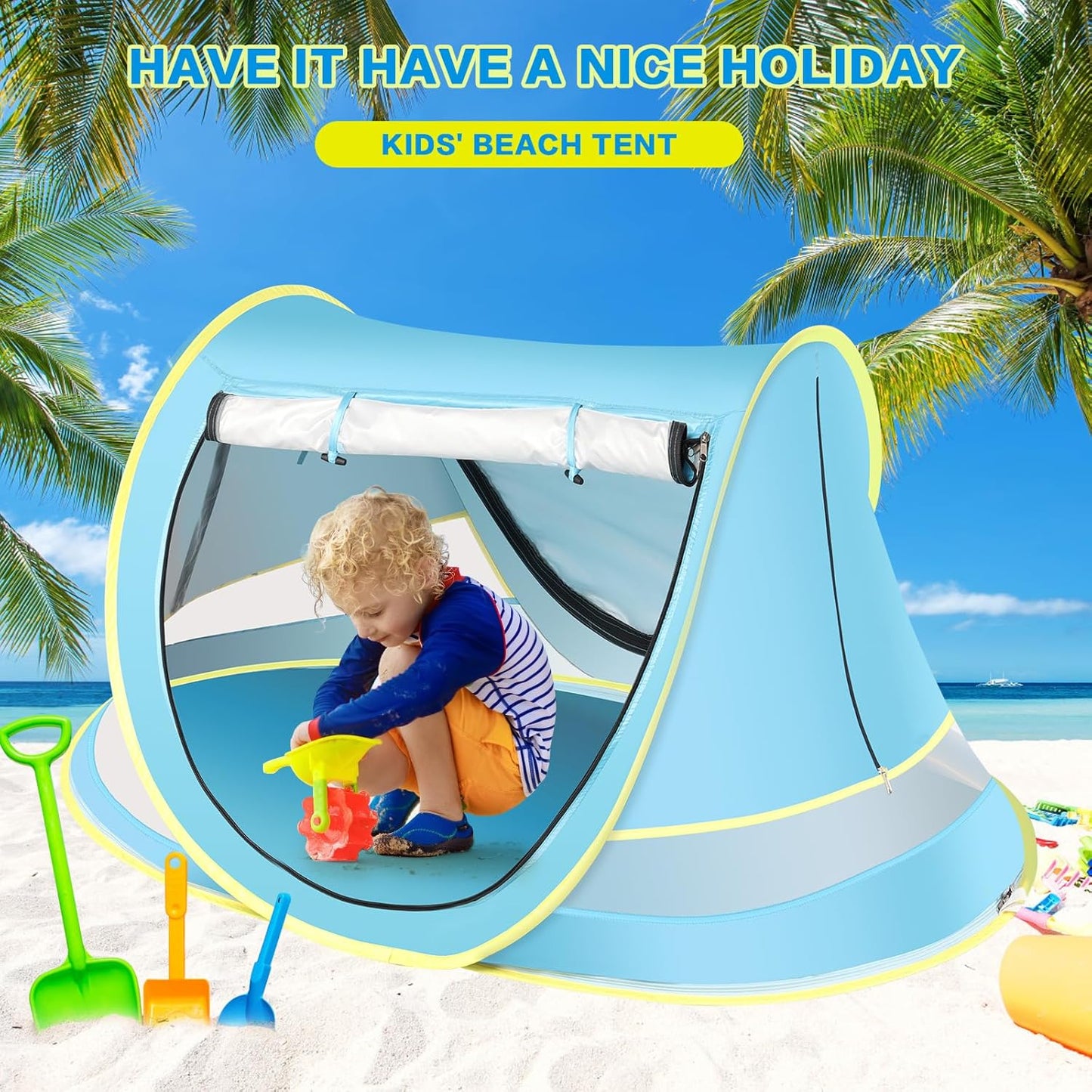 Baby Beach Tent with Baby Hat, Pop Up Toddler Travel Bed with Sun Hat for Boys or Girls, Sun Shade for Toddler Camping, Infant Portable Sun Shade, Summer Beach Baby