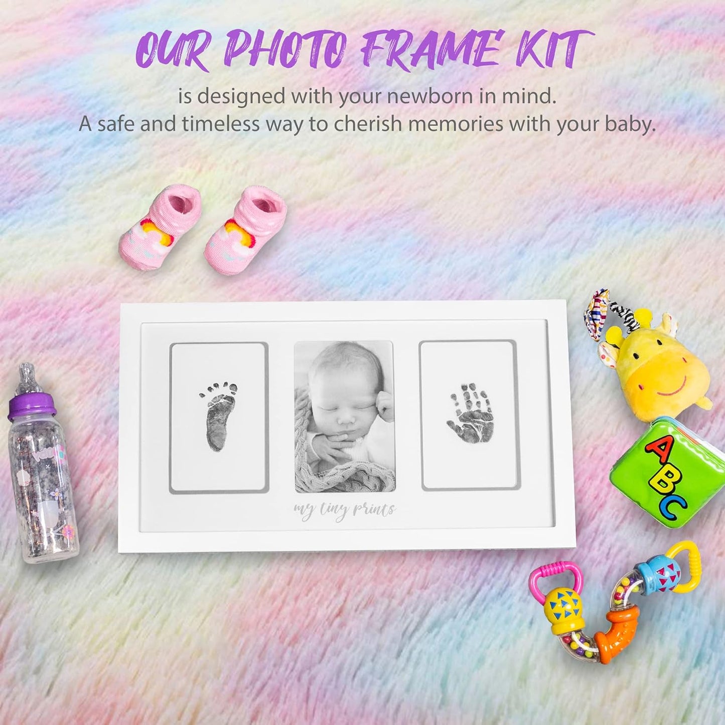 Felt Like Sharing My Tiny Prints Newborn Baby Handprint and Footprint Kit – Photo Keepsake Frame with Ink Pad for Baby Hand and Footprints – Great New Parent Present – 17” L x 9.5” H (White)